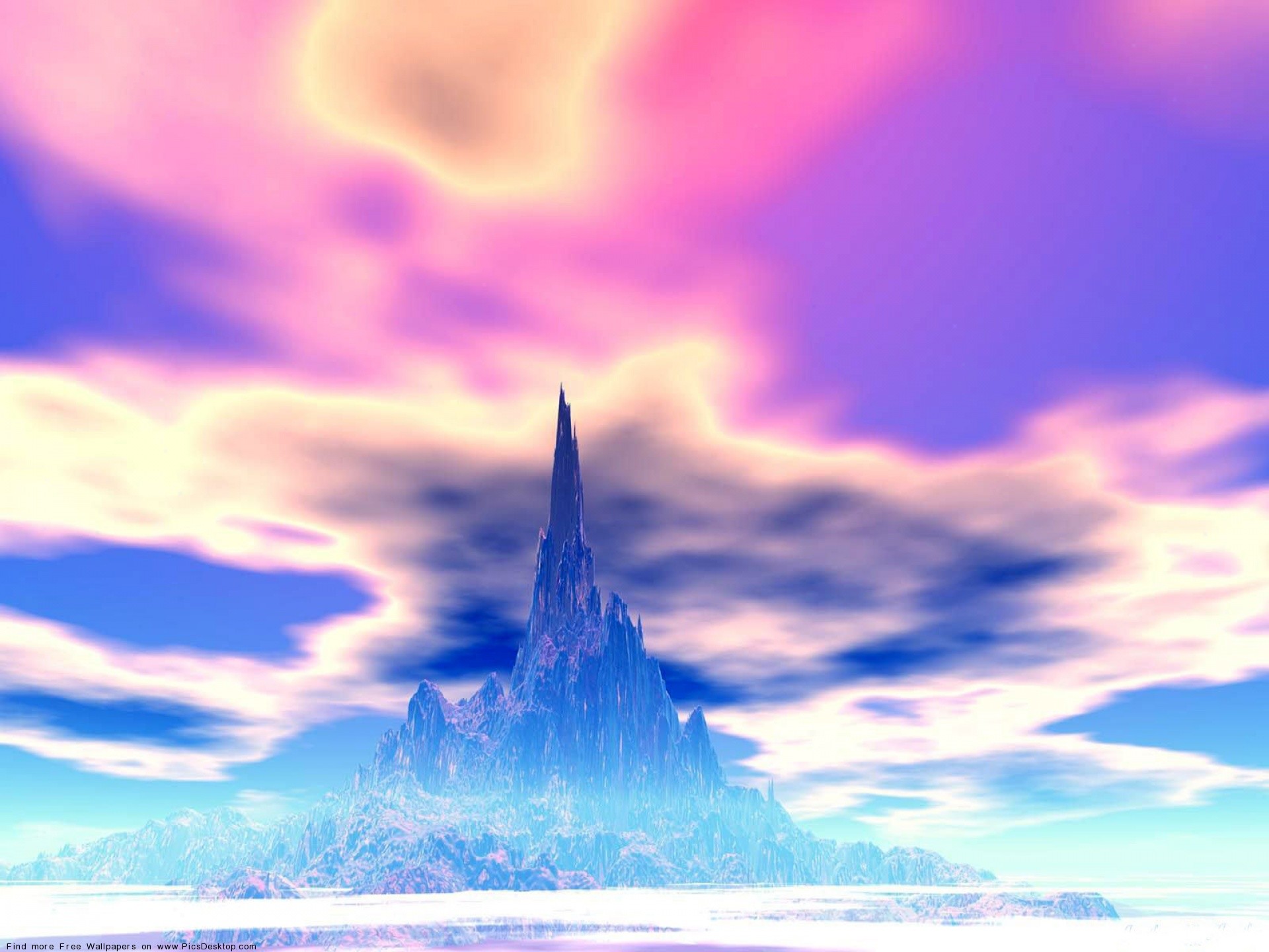 Montagna di ghiaccio, Nuvole rosa, Fantasy, Arte digitale, Full HD, sfondo per computer