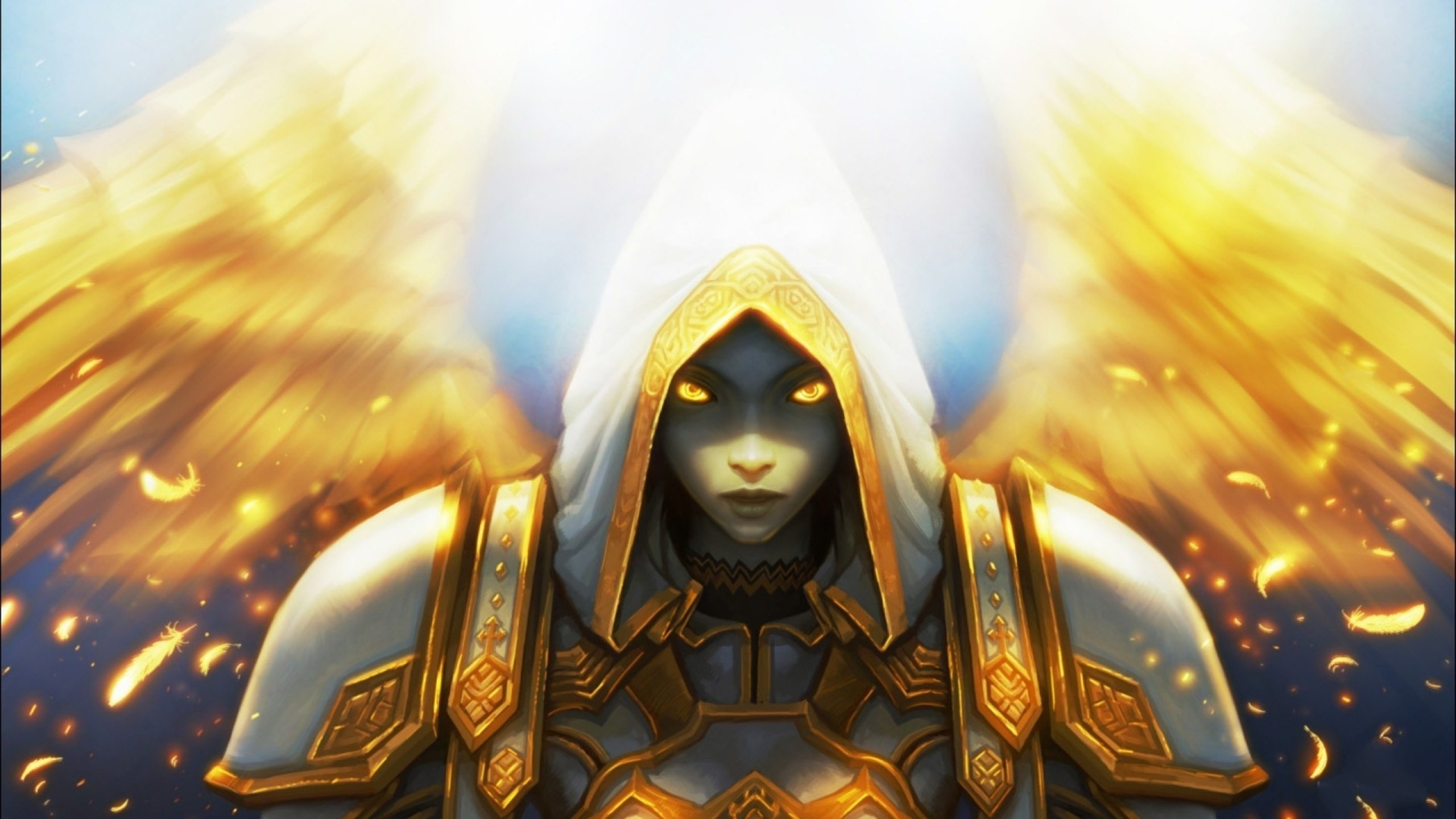 World of Warcraft, Sacerdotessa, Ali dorate, Cappuccio, Luce, 2K, sfondo desktop