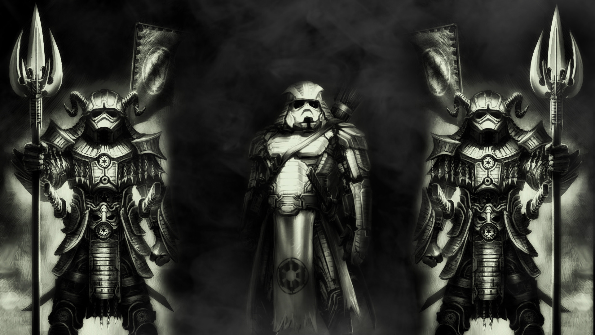 Star Wars, Stormtrooper samurai, Armatura, Bianco e nero, 1920x1080, sfondo per PC