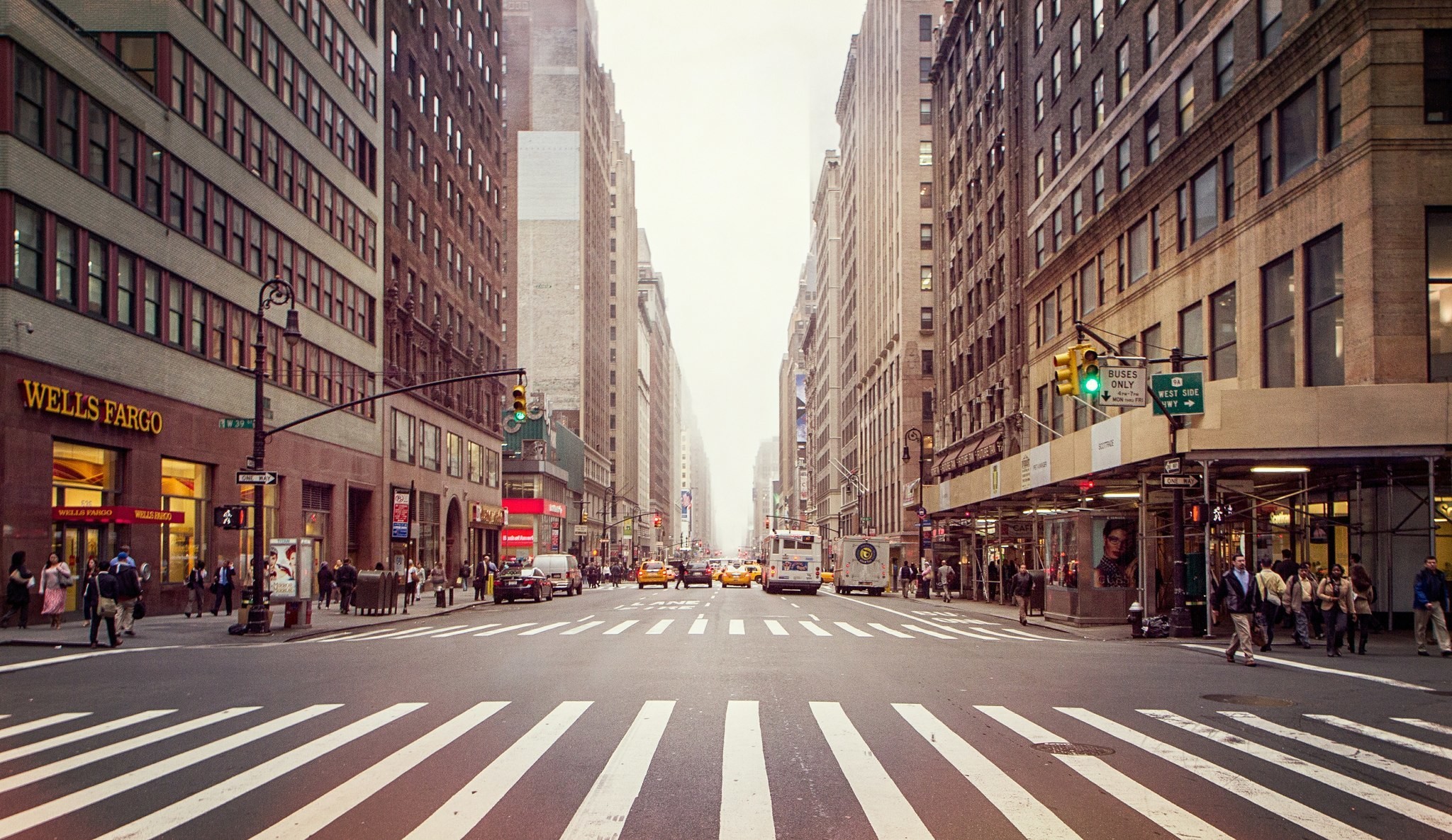 New York, Strada, Strisce pedonali, Grattacieli, Full HD, sfondo per PC e portatile