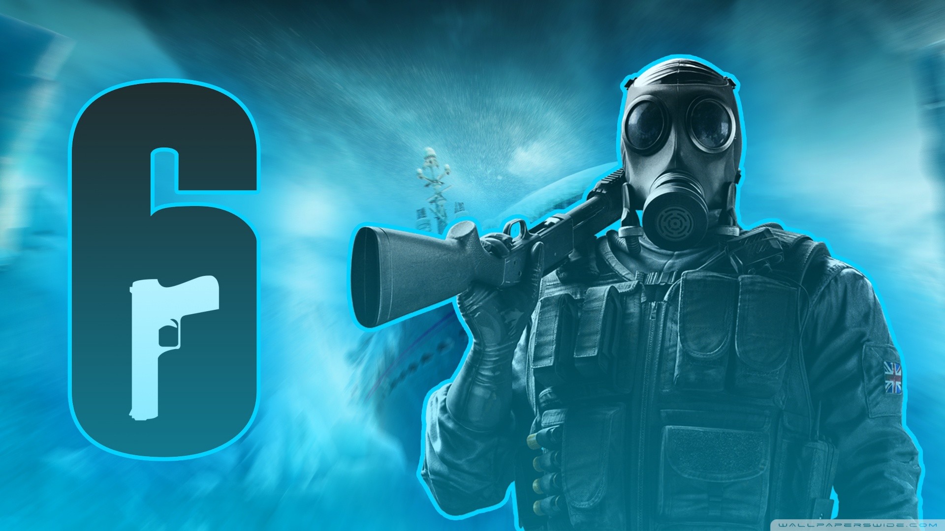 Tom Clancy's Rainbow Six Siege, Smoke, Maschera antigas, Logo, Azzurro, sfondo widescreen Full HD