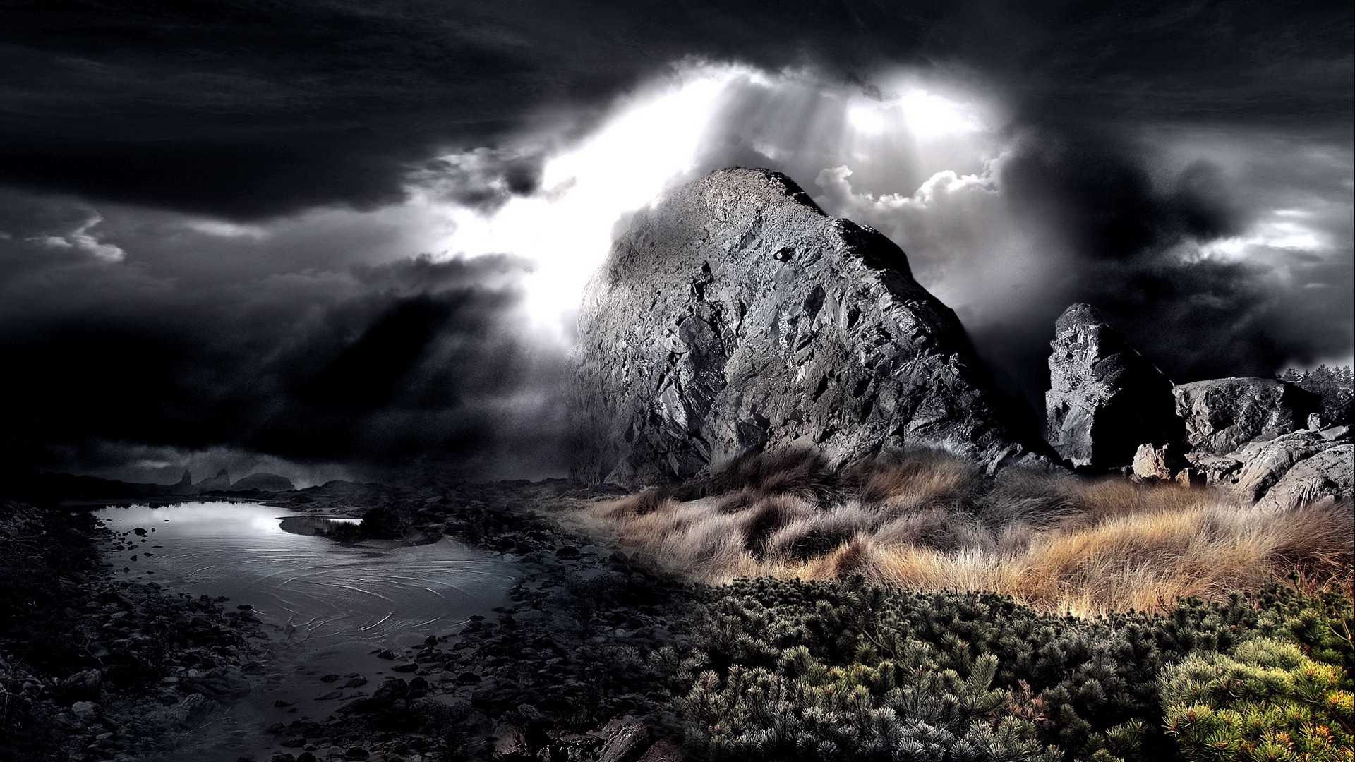 Paesaggio drammatico, Rocce, Nuvole, Bianco e nero, 1920x1080, immagine di sfondo