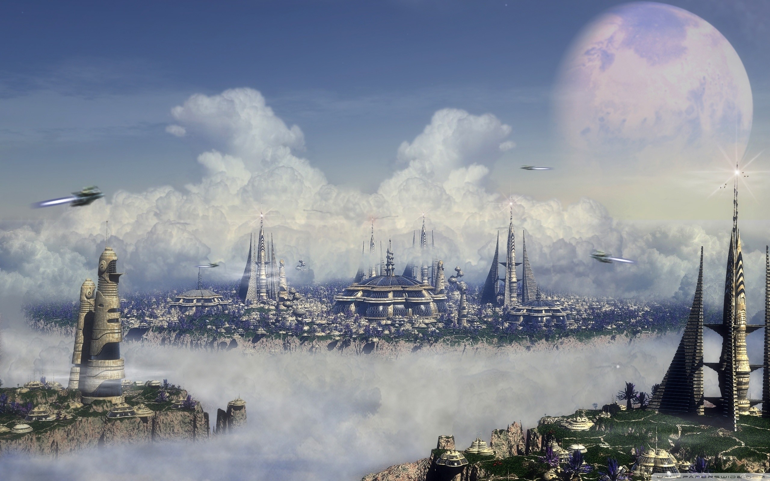Città fluttuante, Nuvole, Luna, Astronavi, Fantascienza, 2K, sfondo per portatile