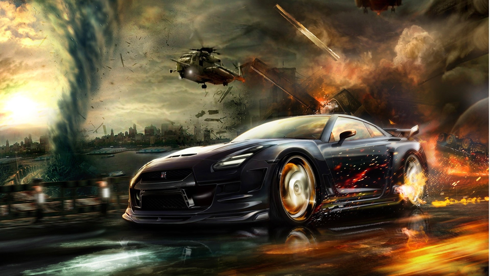 Nissan GT-R, Need for Speed, Elicottero, Esplosione, Full HD, sfondo desktop