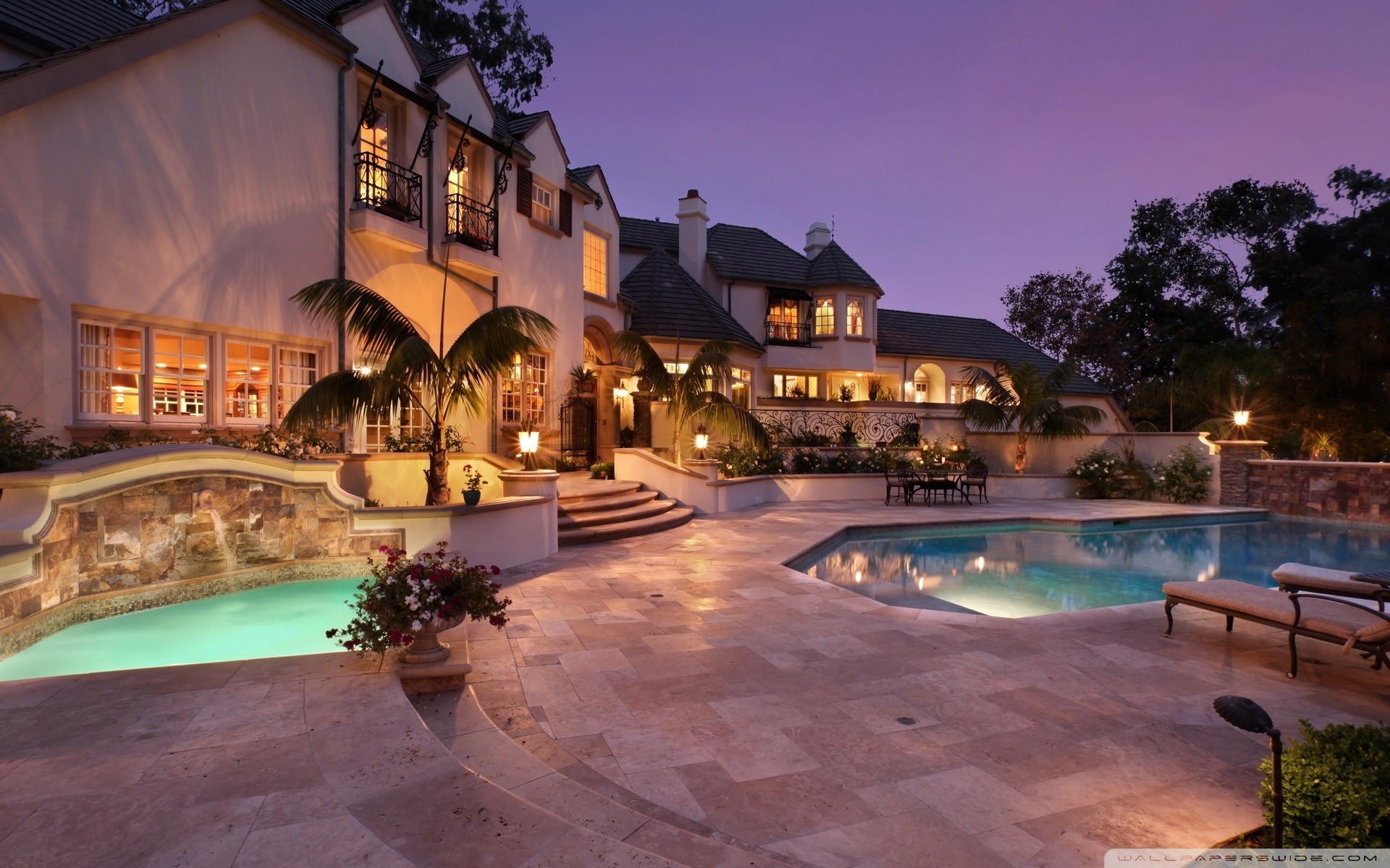 Villa di lusso, Piscina, Palme, Crepuscolo, Architettura, 1920x1200, sfondo MacBook Pro
