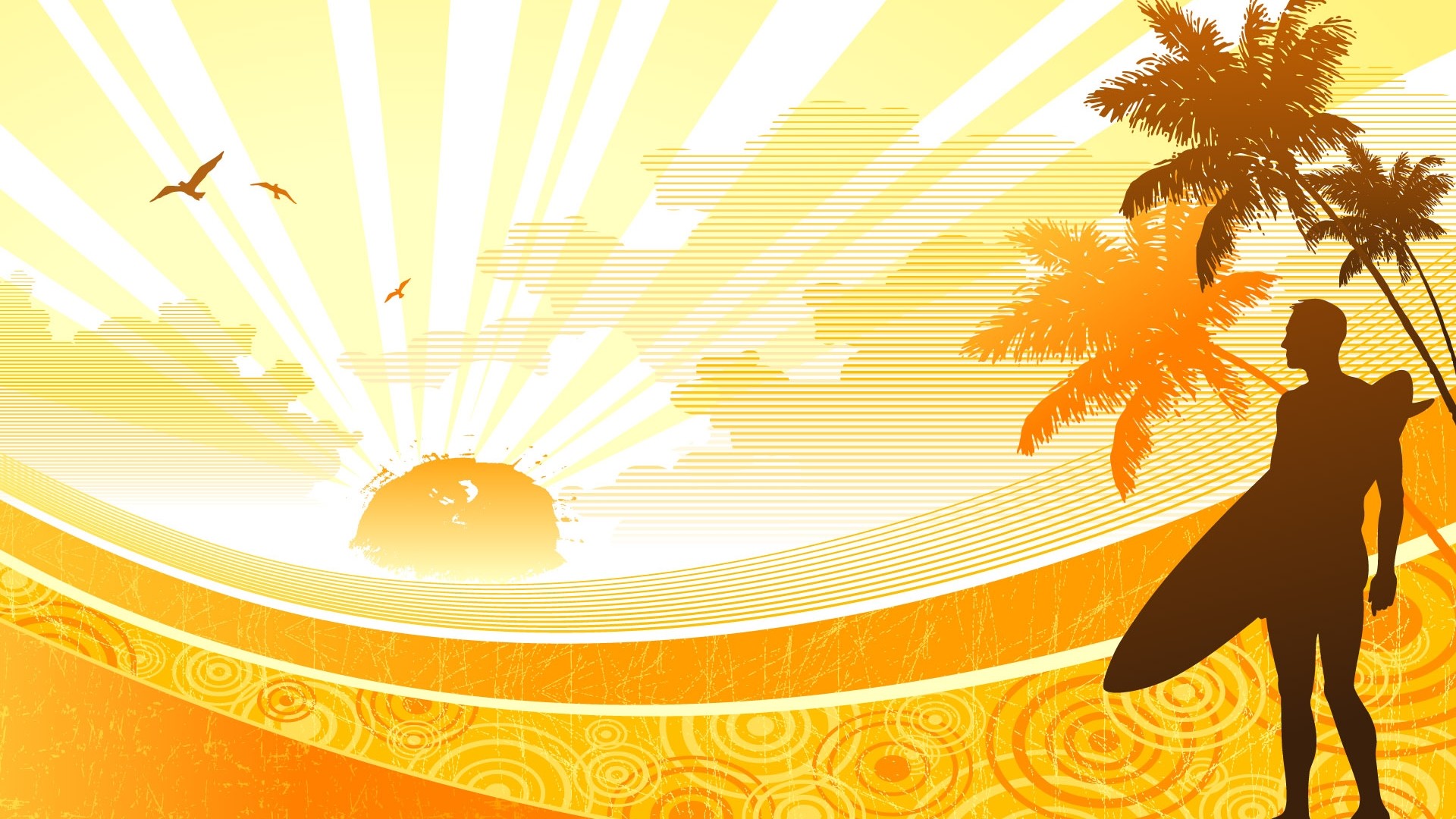 Surfista, Palme, Illustrazione, Sole, Arancione, 16:9 Full HD, wallpaper widescreen