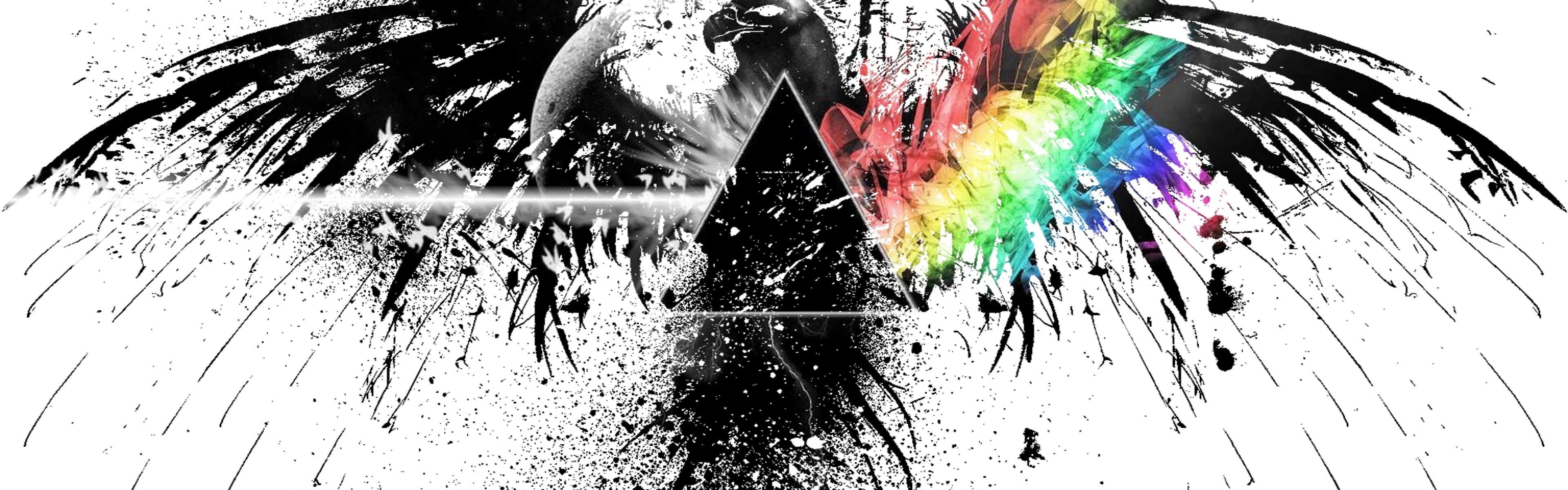 Pink Floyd, The Dark Side of the Moon, Prisma, Arcobaleno, Schizzi di inchiostro, Bianco e nero, sfondo Full HD