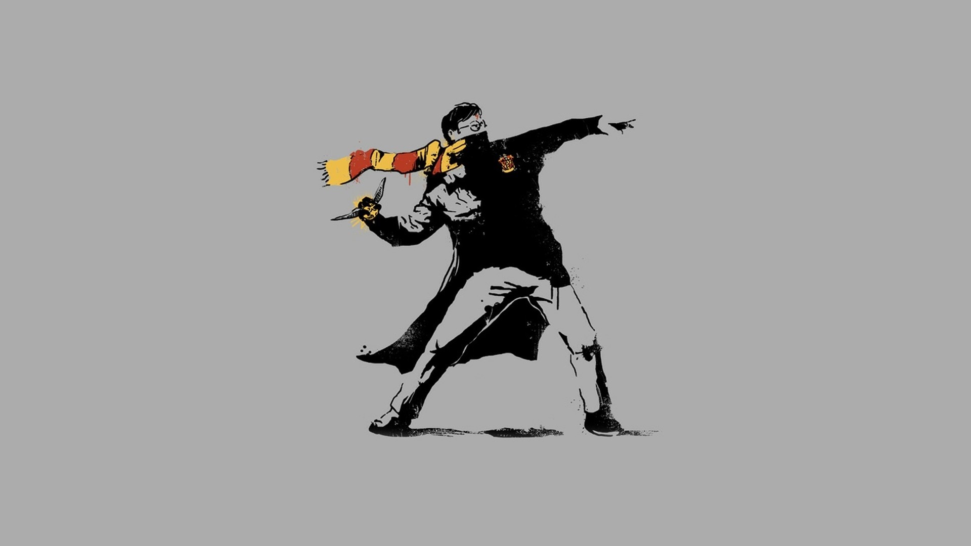 Flower Thrower, Banksy, Sfondo grigio, Stencil, Full HD, wallpaper desktop