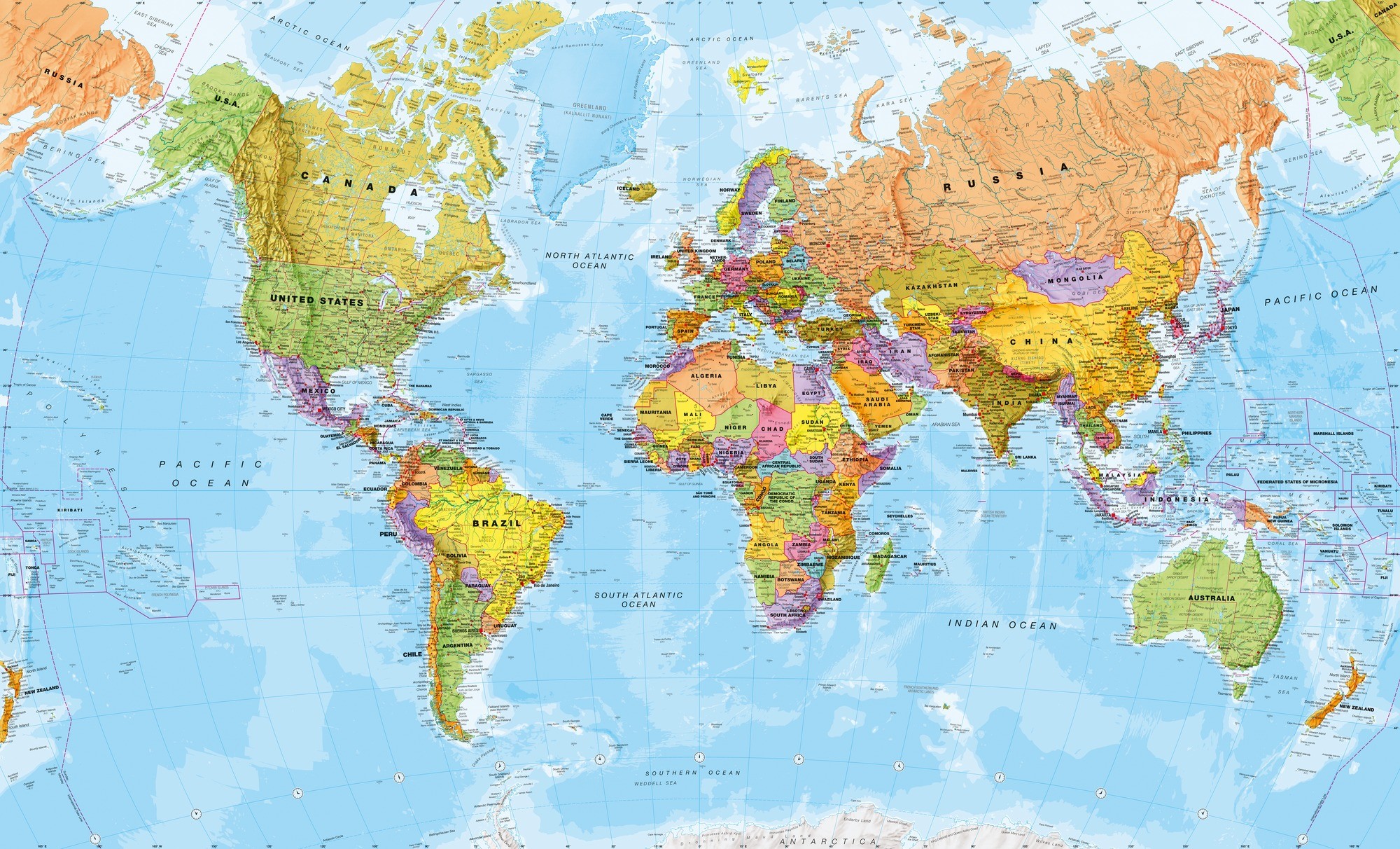 Mappa politica, Planisfero, Continenti, Oceani, Full HD, sfondo per PC