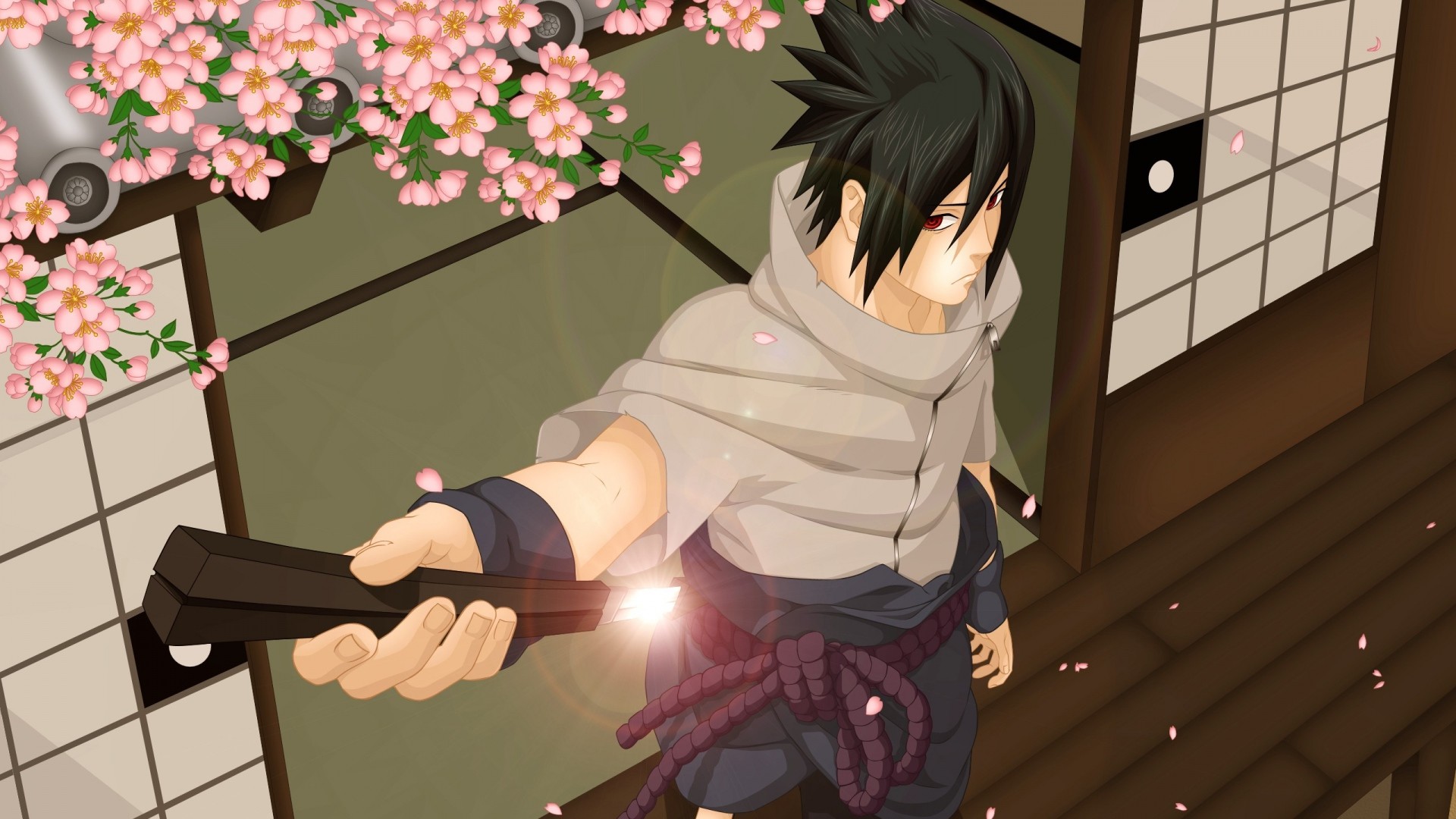 Sasuke Uchiha, Naruto, Fiori di ciliegio, Full HD 1080p, sfondo desktop