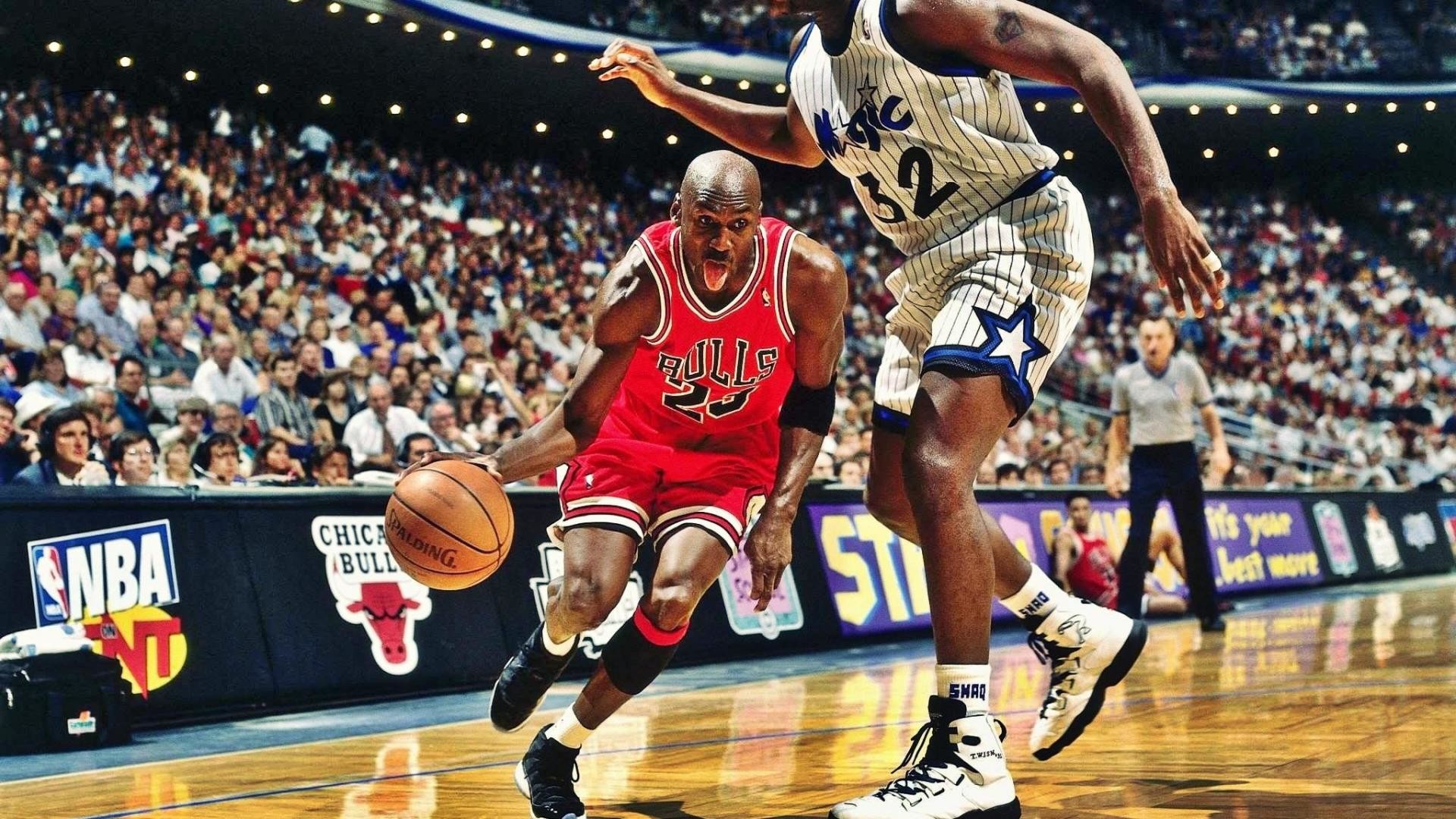 Michael Jordan, Shaquille O'Neal, Chicago Bulls, Orlando Magic, Palleggio, sfondo desktop Full HD