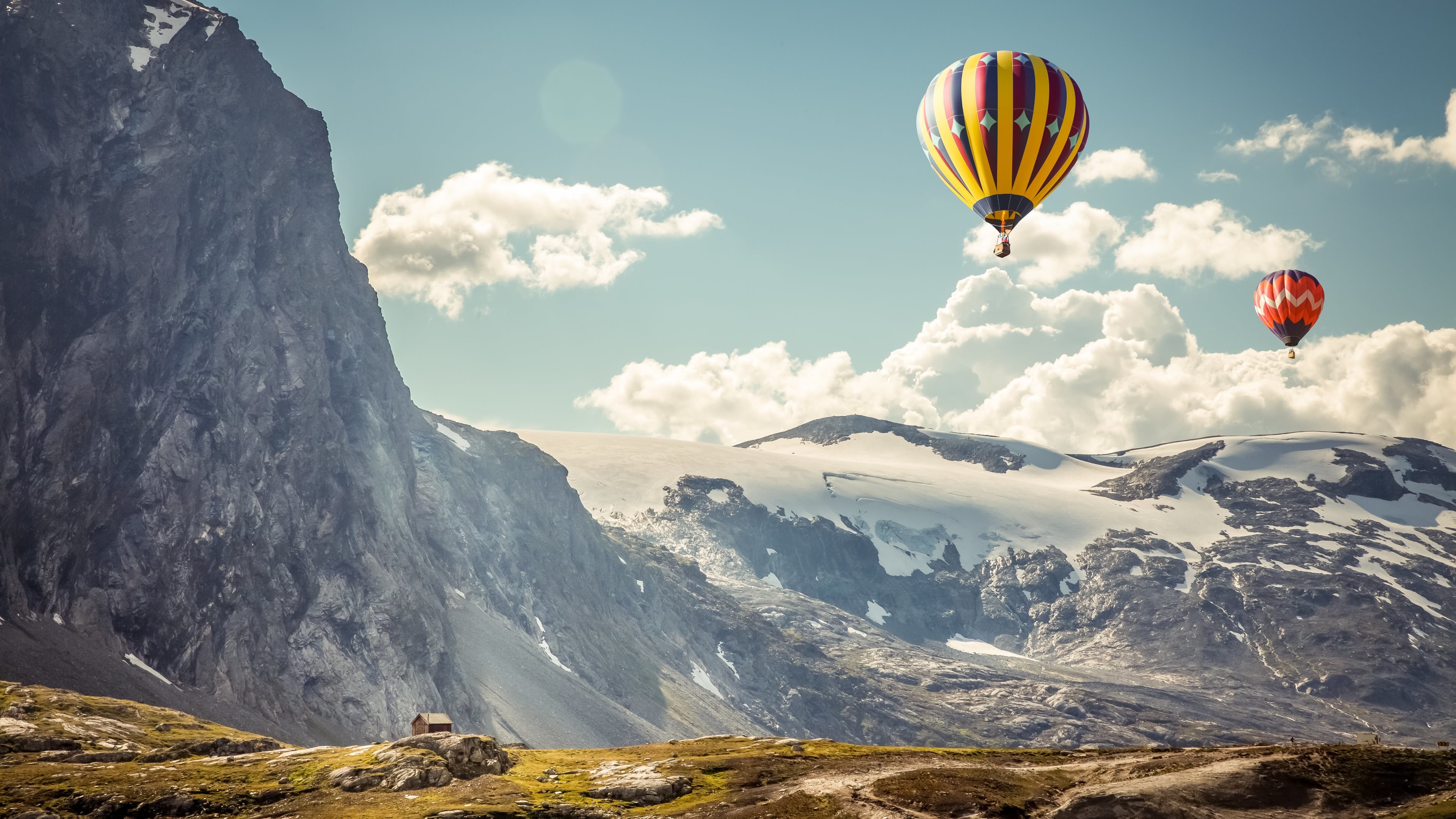 Mongolfiere, Montagne, Ghiacciaio, Nuvole, 4K, sfondo per portatile