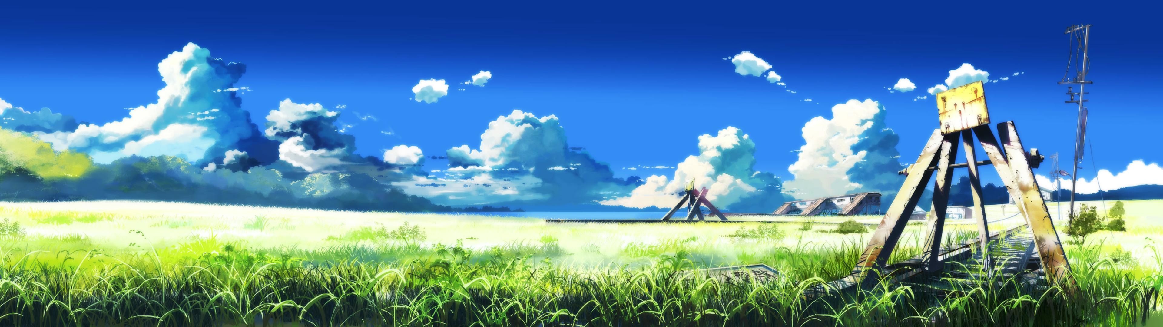 Prato, Cielo azzurro, Nuvole, Anime, Estate, 32:9 Full HD, sfondo widescreen