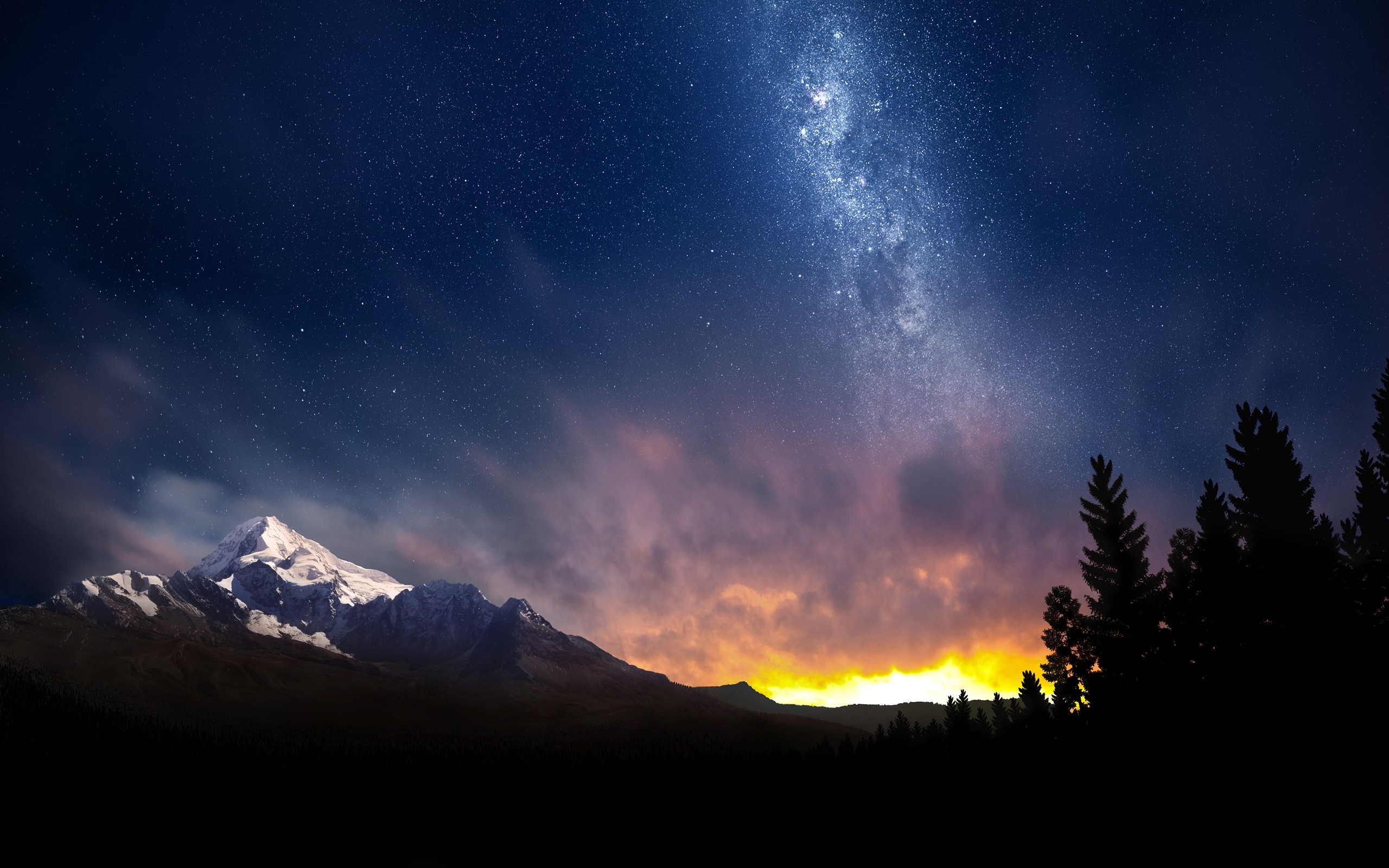 Via Lattea, Montagna innevata, Notte, Pini, Cielo stellato, 2K, sfondo per portatile