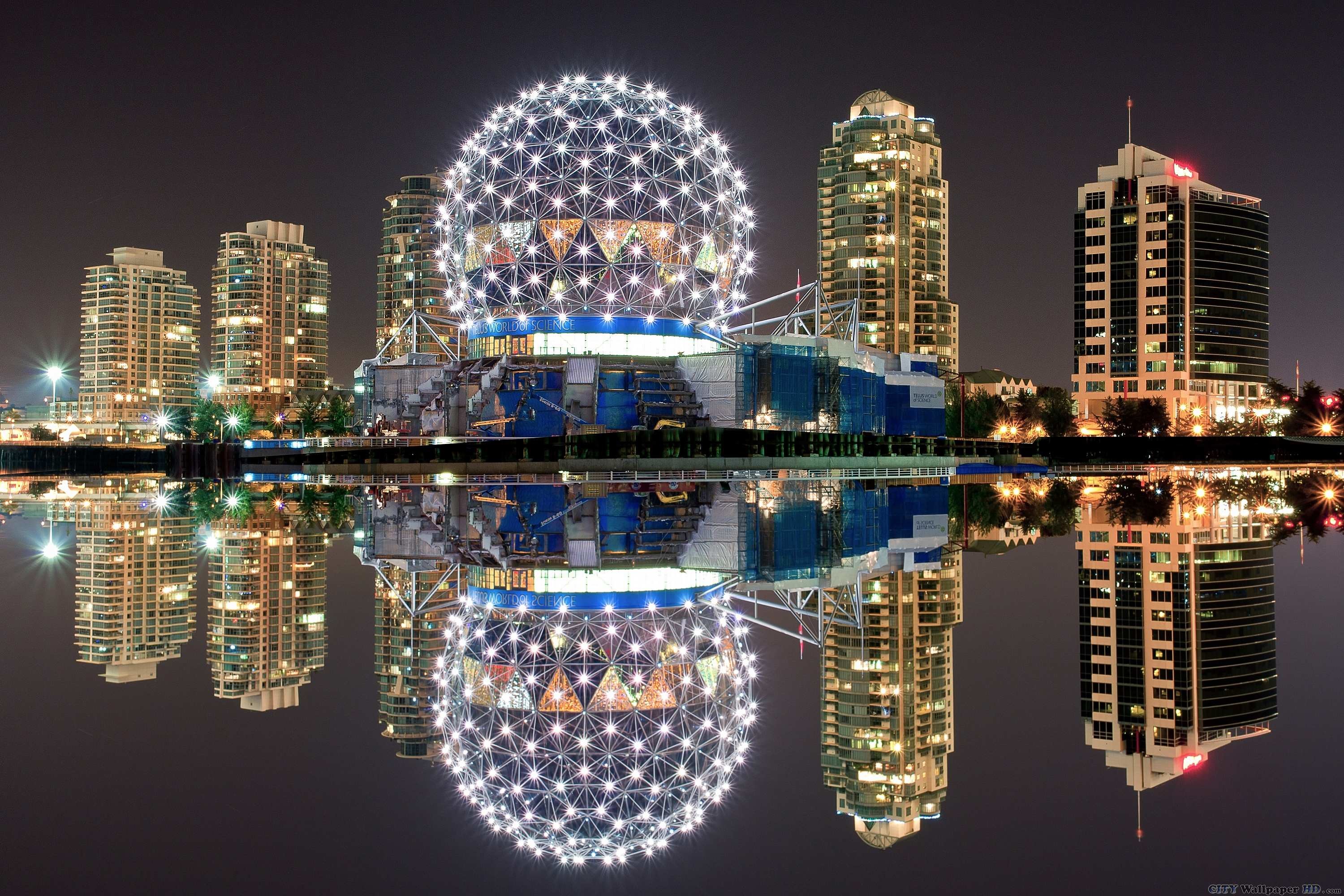 Science World, Vancouver, Notte, Riflesso, 2K, sfondo per portatile