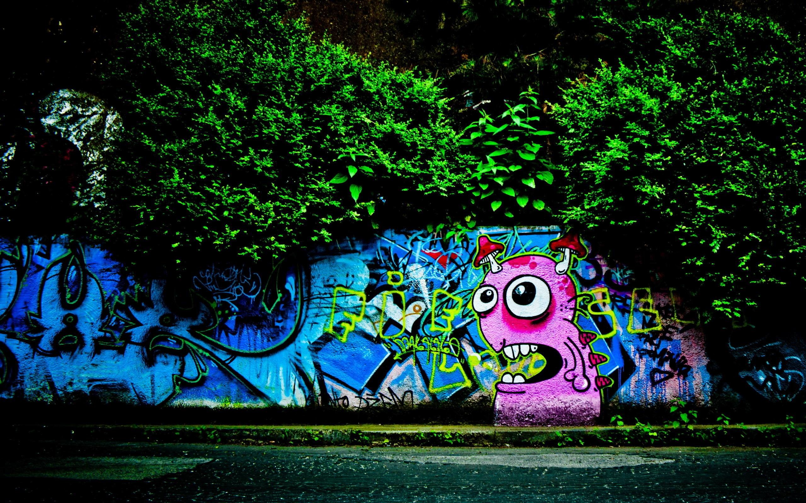 Graffiti, Mostriciattolo rosa, Muro, Siepe, 2560x1600, immagine di sfondo