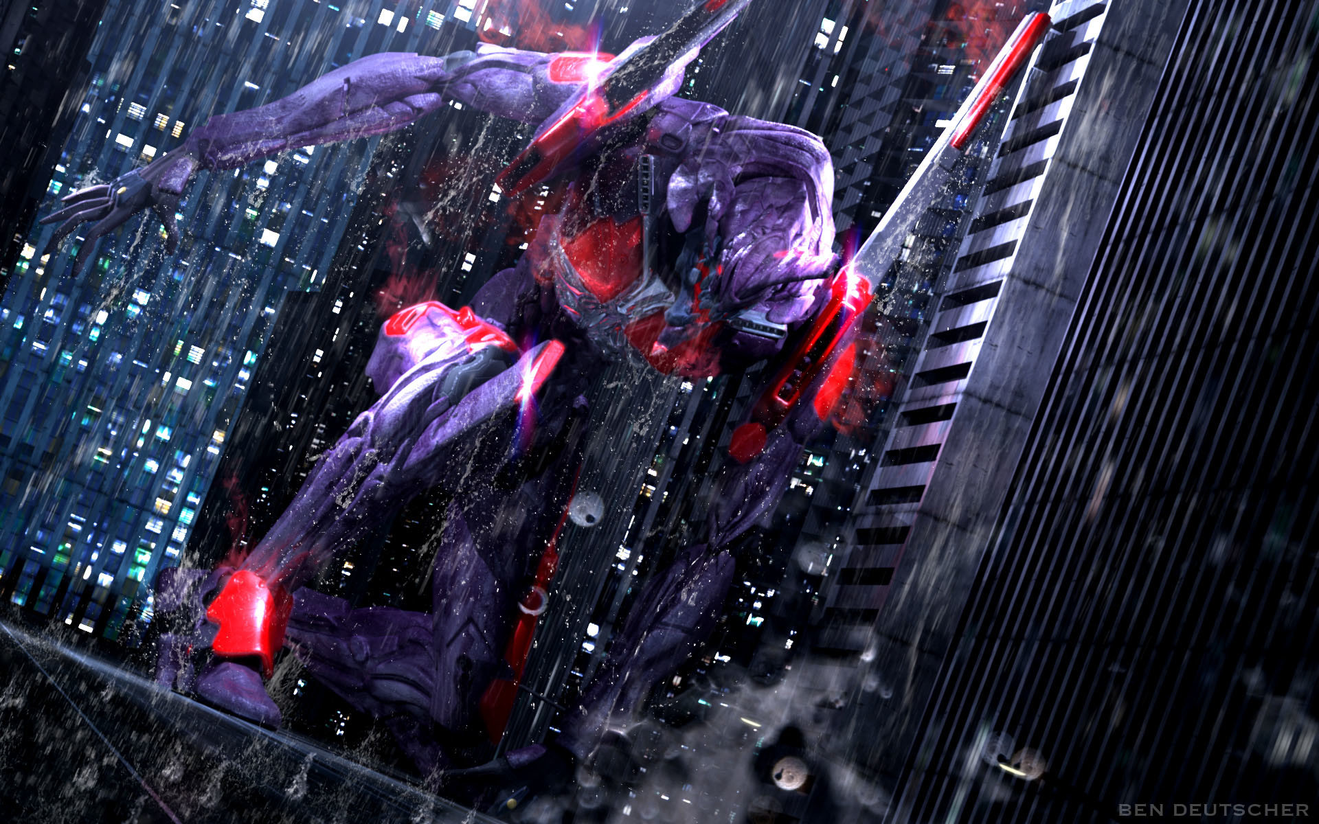 Eva-01, Evangelion, Grattacieli, Mecha, Notte, 1920x1200, wallpaper desktop