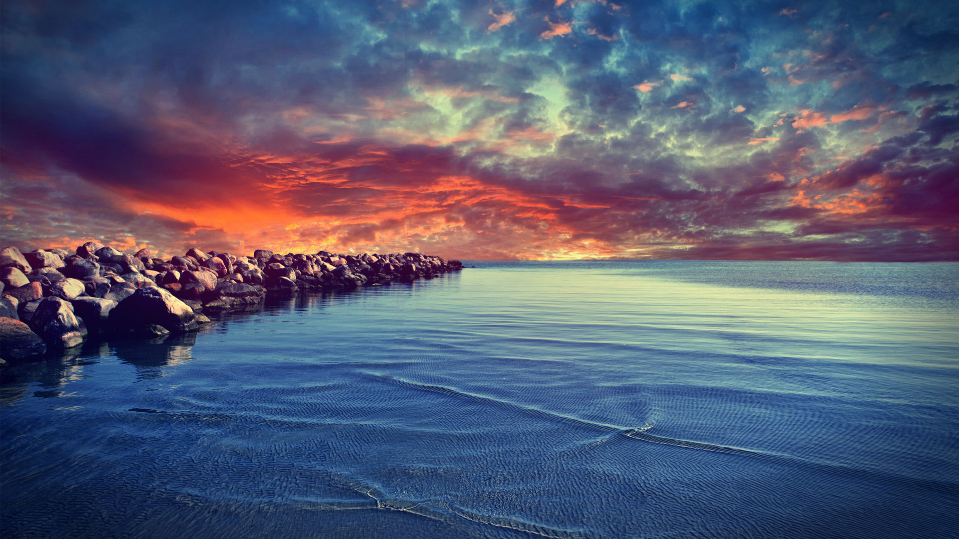 Mare, Frangiflutti, Tramonto, Nuvole colorate, Full HD, wallpaper per computer