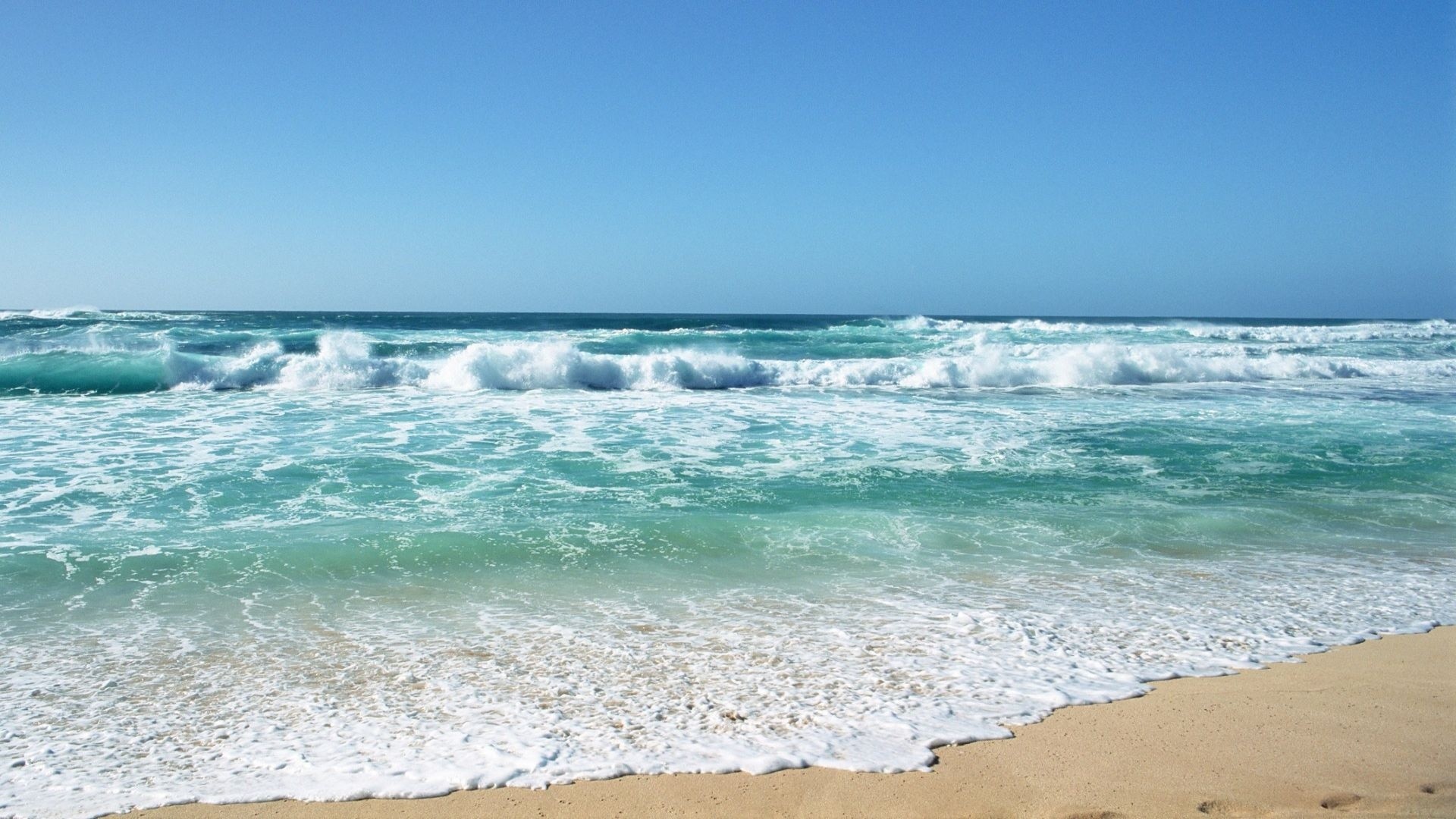 Onde, Schiuma del mare, Spiaggia, Acqua turchese, Cielo sereno, Full HD, sfondo per PC e portatile