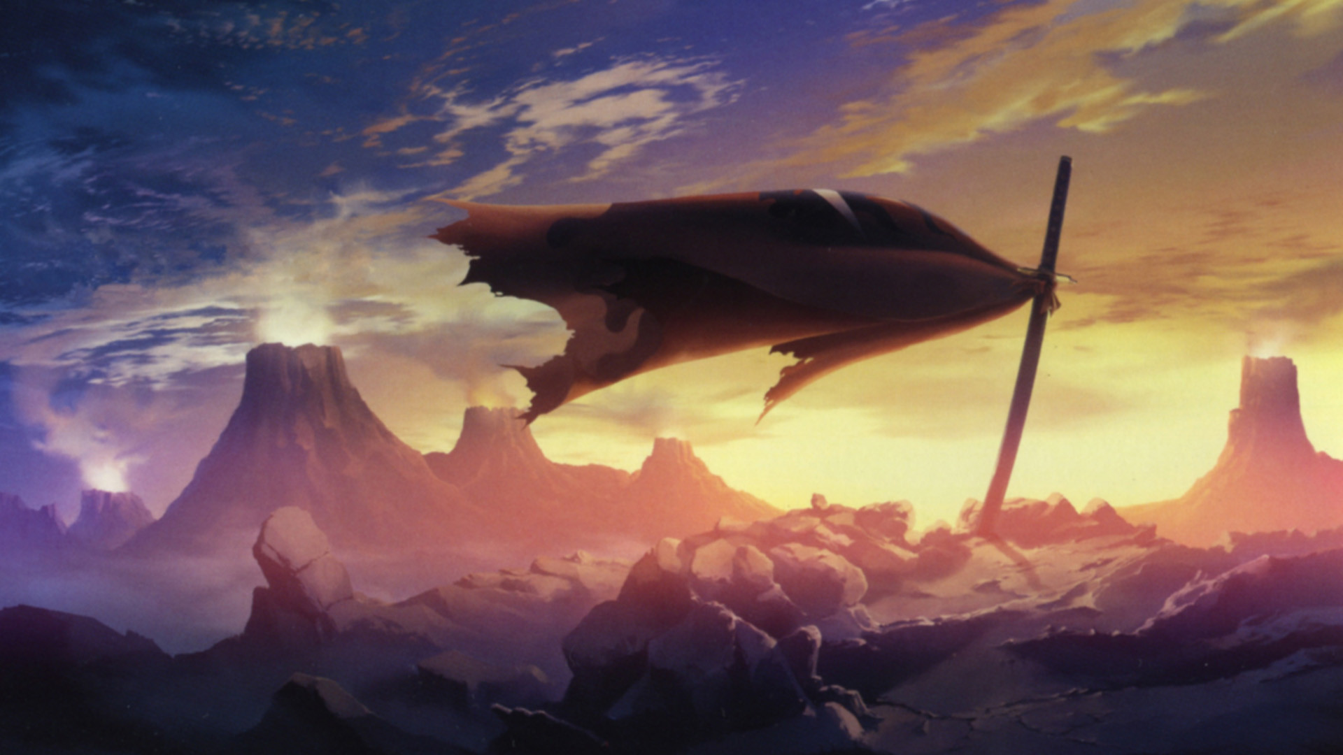 Gurren Lagann, Dai-Gurren, Nave volante, Montagne, Tramonto, Full HD, wallpaper desktop
