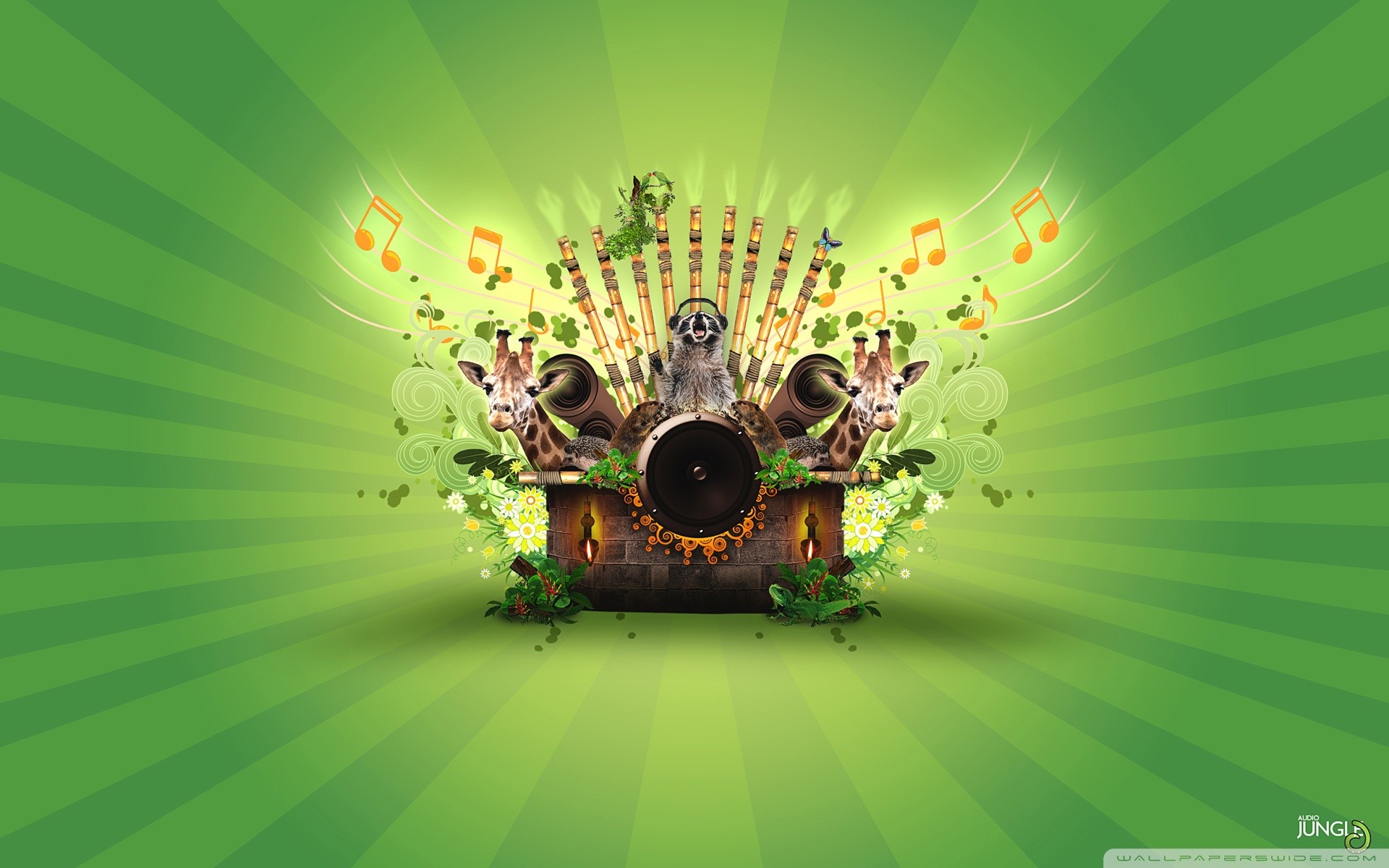 Musica, Altoparlanti, Note musicali, Verde, Illustrazione, 16:10 Full HD, sfondo widescreen