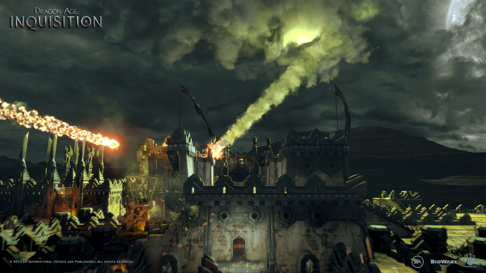 Dragon Age: Inquisition, Assedio, Castello, Proiettili infuocati, sfondo Windows 11