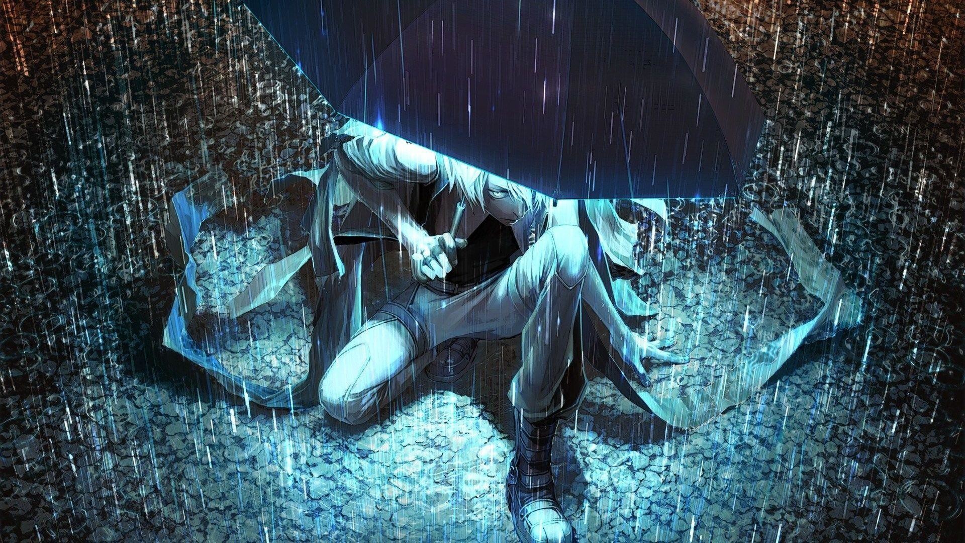 Ragazzo anime, Pioggia, Ombrello, Blu, Full HD, wallpaper per computer