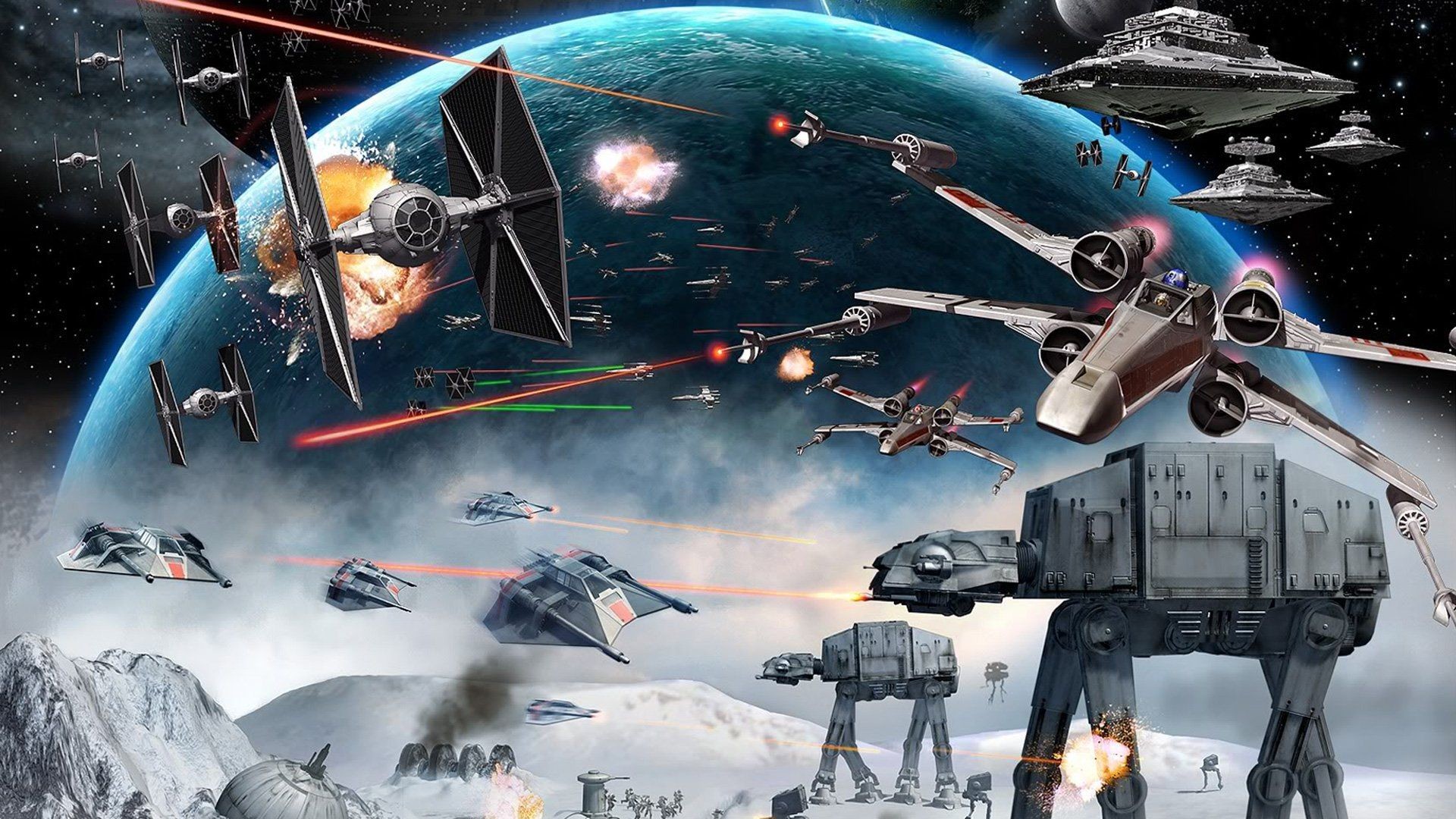 Battaglia di Hoth, AT-AT, TIE fighter, X-wing, Star Wars, Battaglia spaziale, immagine di sfondo