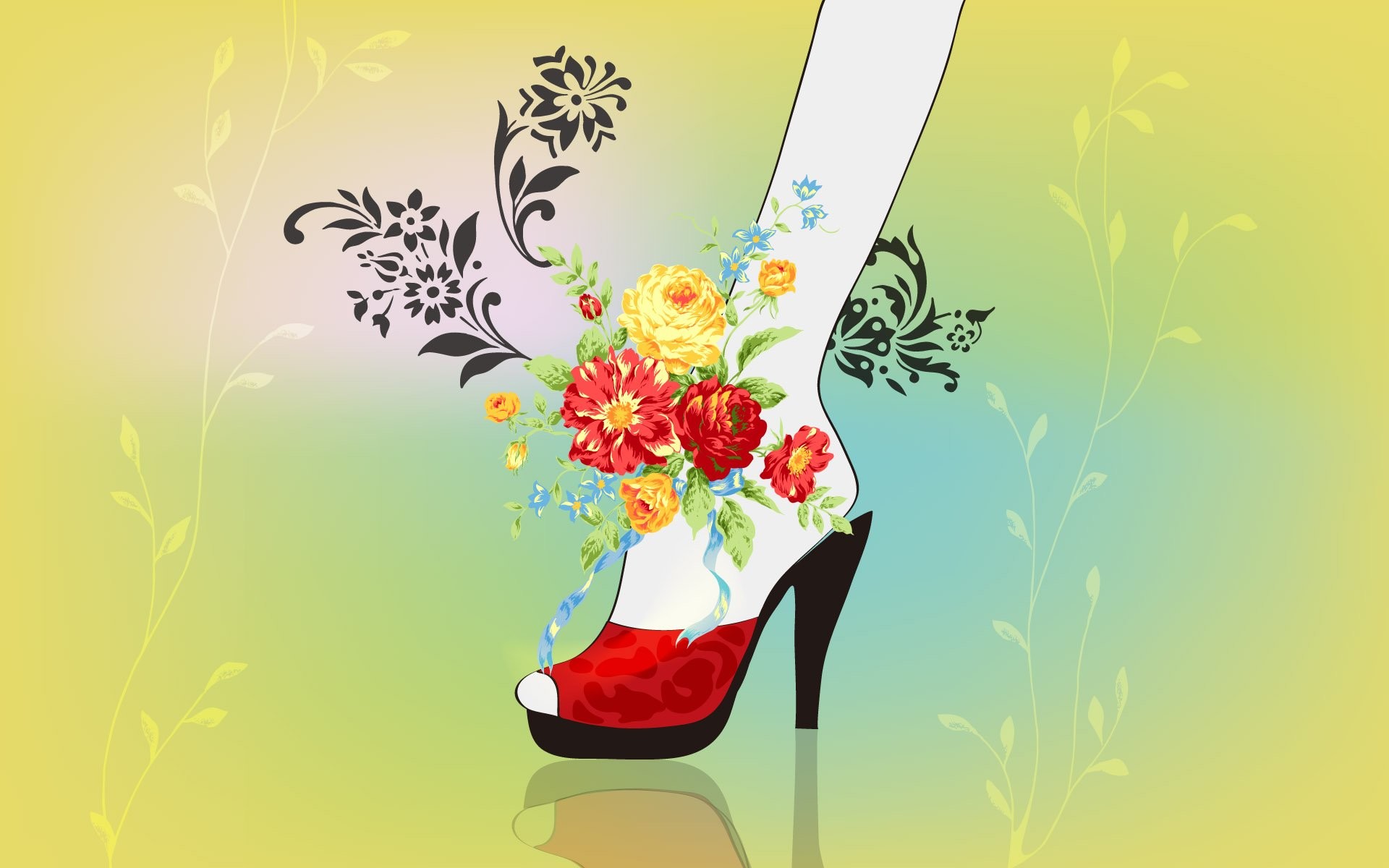 Scarpa col tacco, Fiori, Illustrazione, Rosso, 1920x1200, sfondo MacBook Pro
