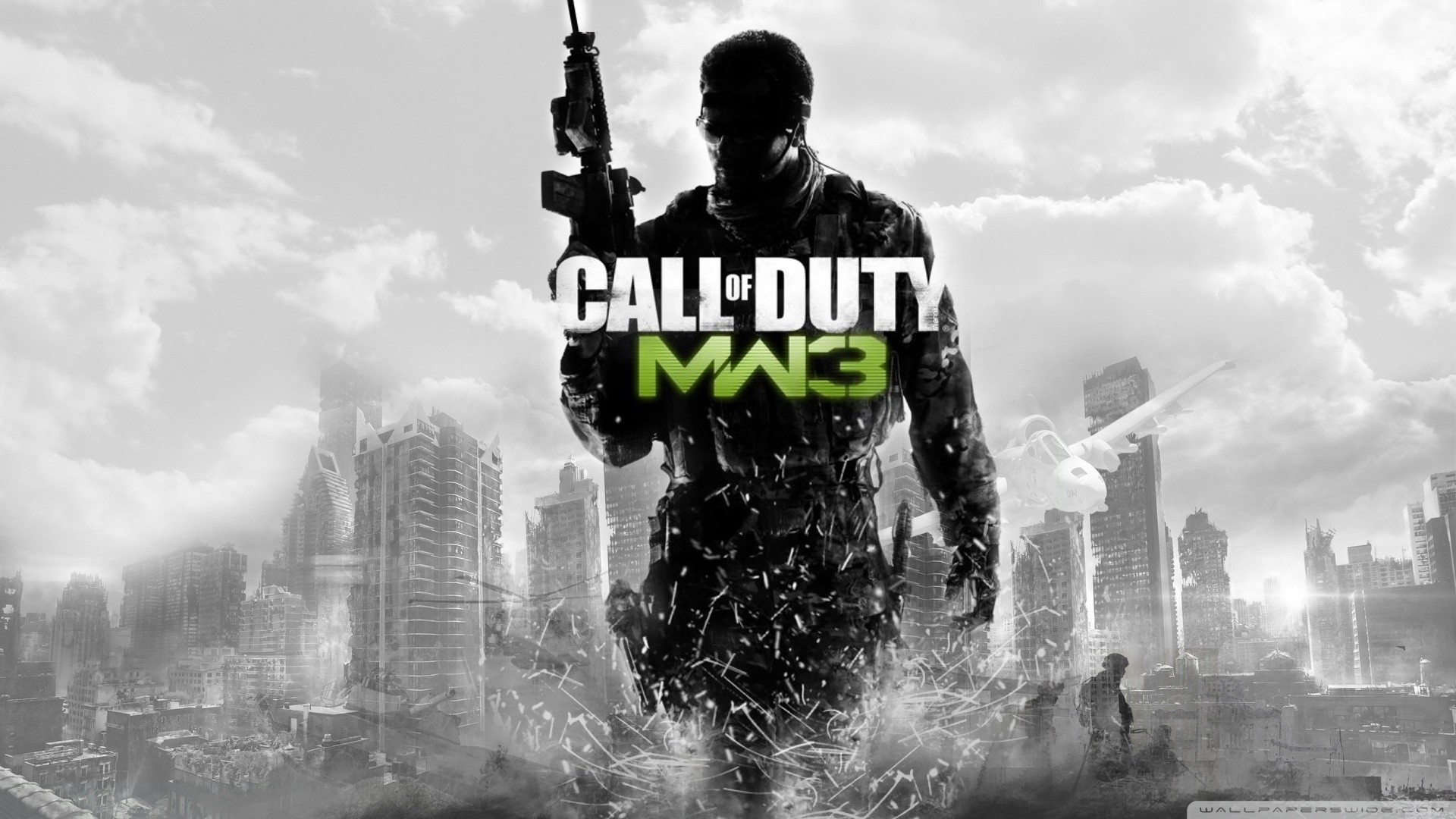 Call of Duty: Modern Warfare 3, Logo, Soldato, Città in rovina, Bianco e nero, sfondo Full HD