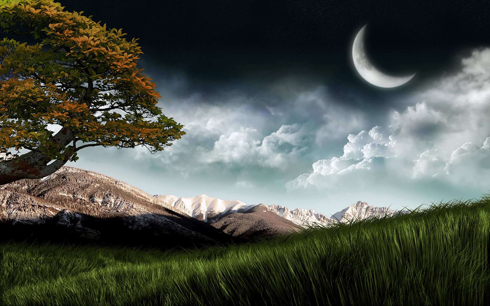 Albero, Luna crescente, Prato, Montagne, Arte digitale, sfondo Full HD per desktop