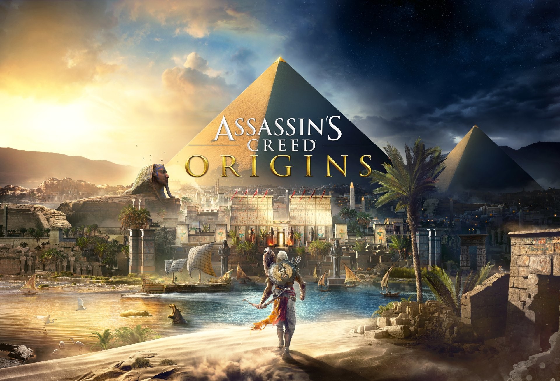 Assassin's Creed Origins, Bayek, Egitto, Piramidi, Oasi, Logo, Full HD, sfondo Windows 11