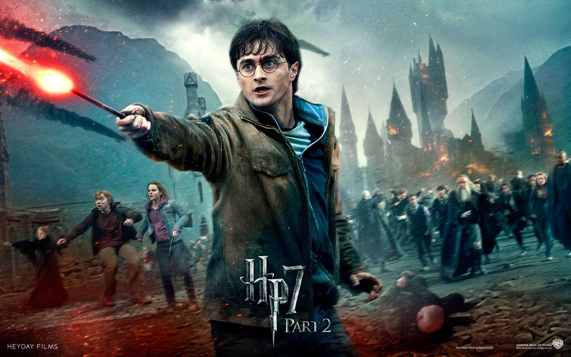 Harry Potter, Daniel Radcliffe, Harry Potter e i Doni della Morte - Parte 2, Battaglia di Hogwarts, Incantesimo, Castello di Hogwarts, sfondo Full HD