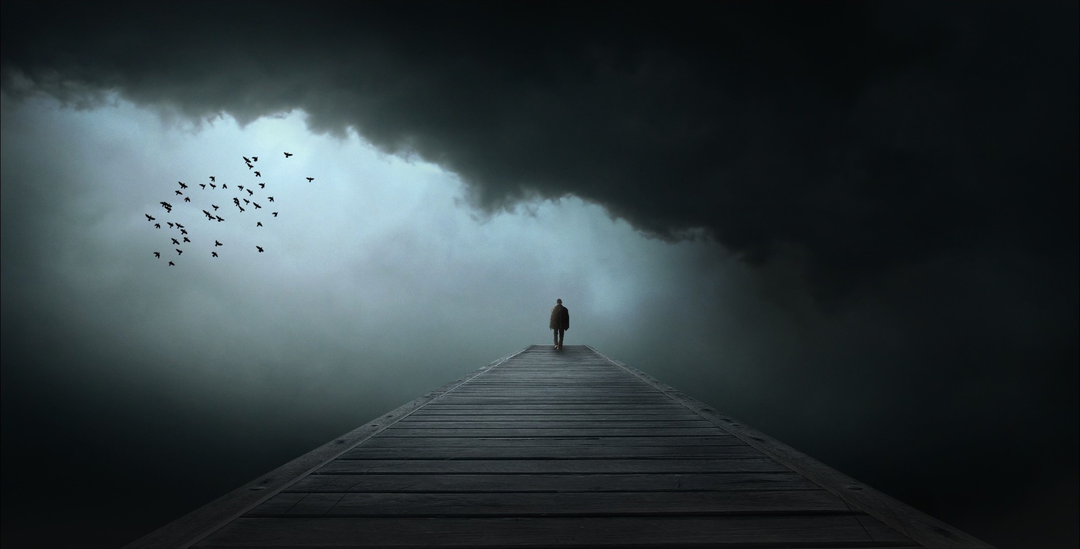 Pontile, Figura solitaria, Nuvole scure, Uccelli, Surreale, Full HD, wallpaper desktop