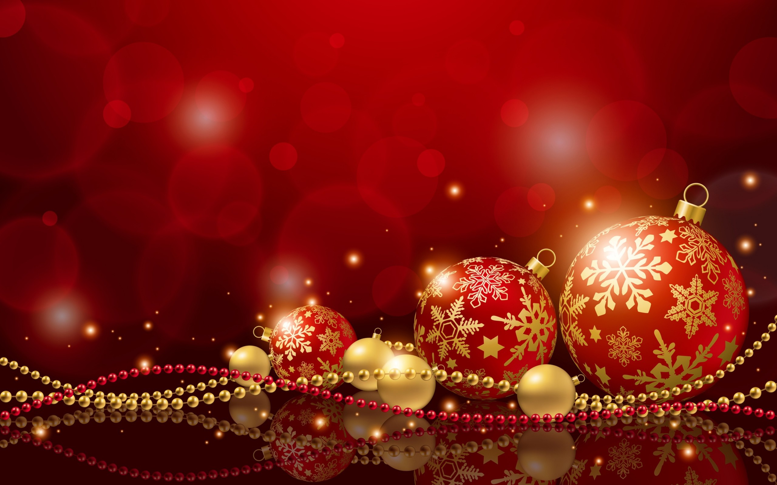 Palline di Natale, Perline, Bokeh, Rosso e oro, 2K, sfondo Windows 11