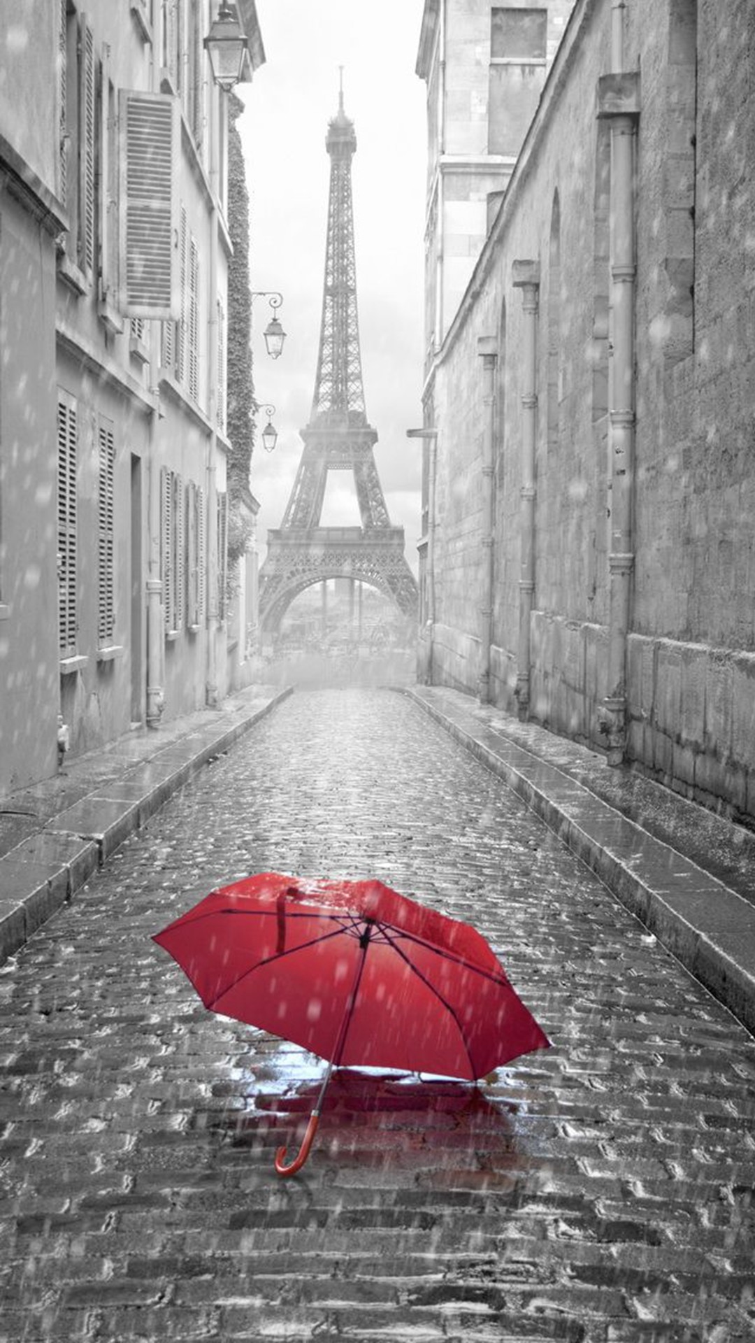 Ombrello rosso, Torre Eiffel, Parigi, Pioggia, Bianco e nero, Full HD, schermata di blocco del cellulare