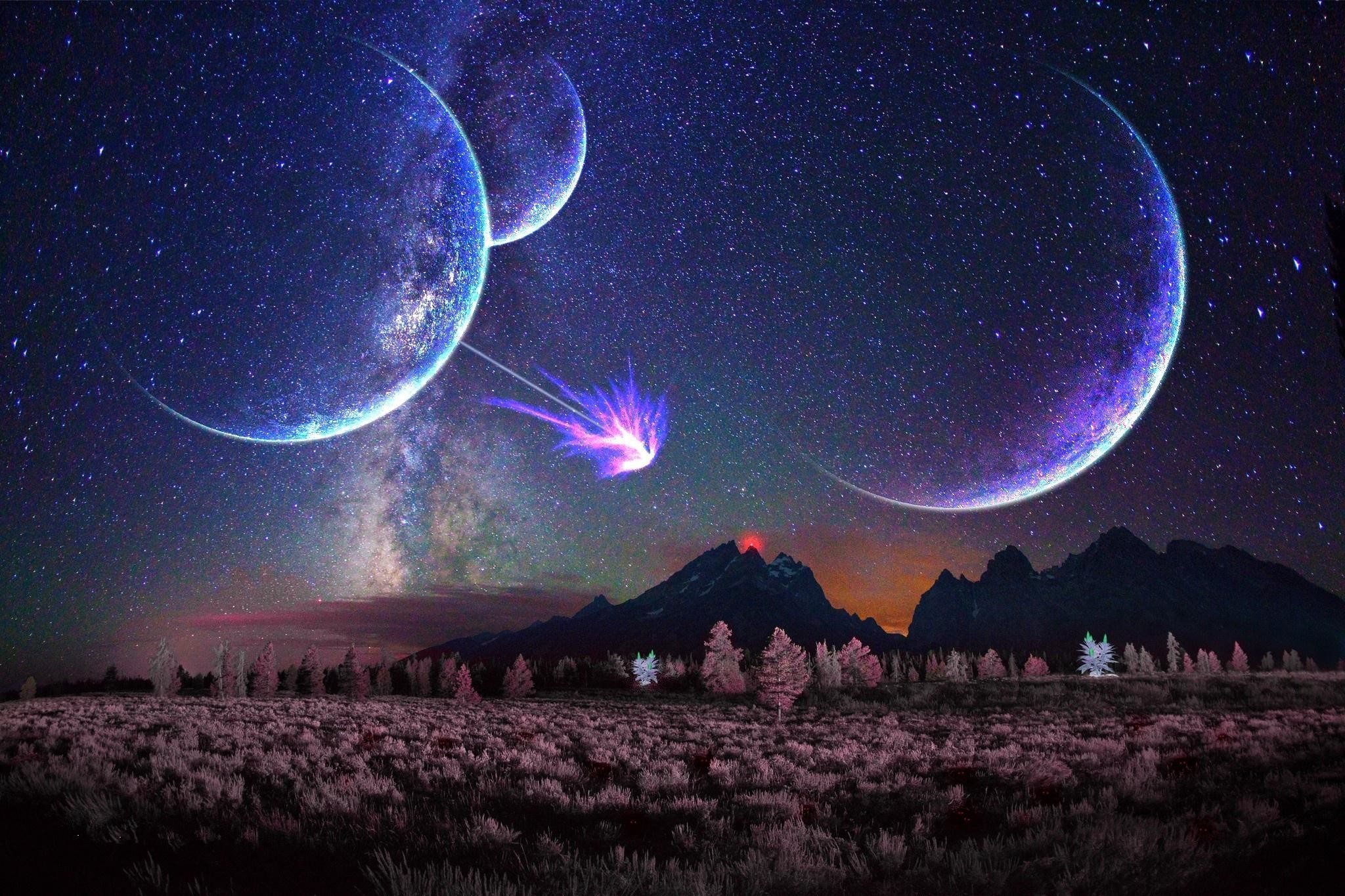 Pianeti, Cometa, Via Lattea, Montagne, Notte stellata, Full HD, sfondo desktop