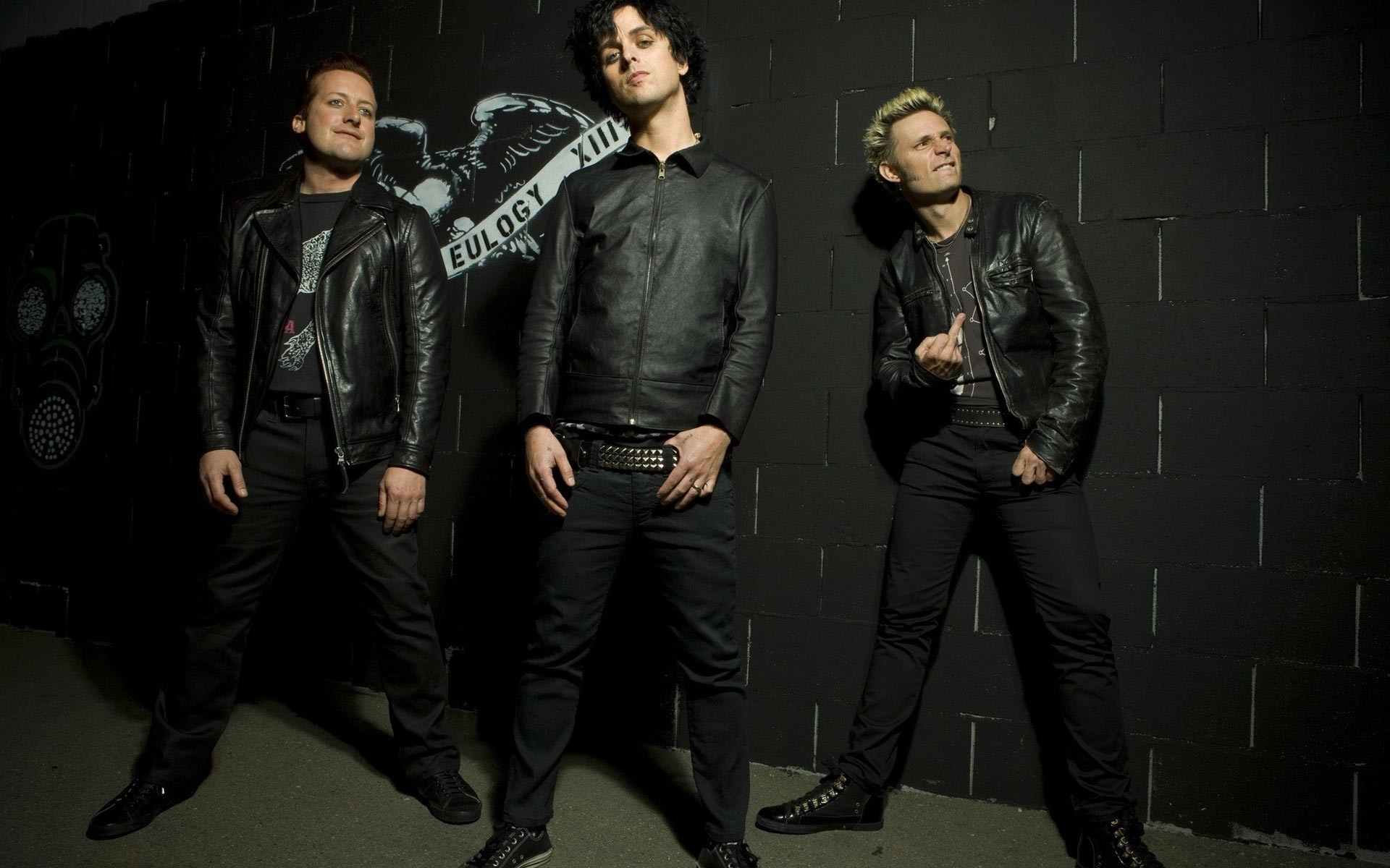 Green Day, Billie Joe Armstrong, Mike Dirnt, Tré Cool, Giacche di pelle, sfondo desktop 1920x1200