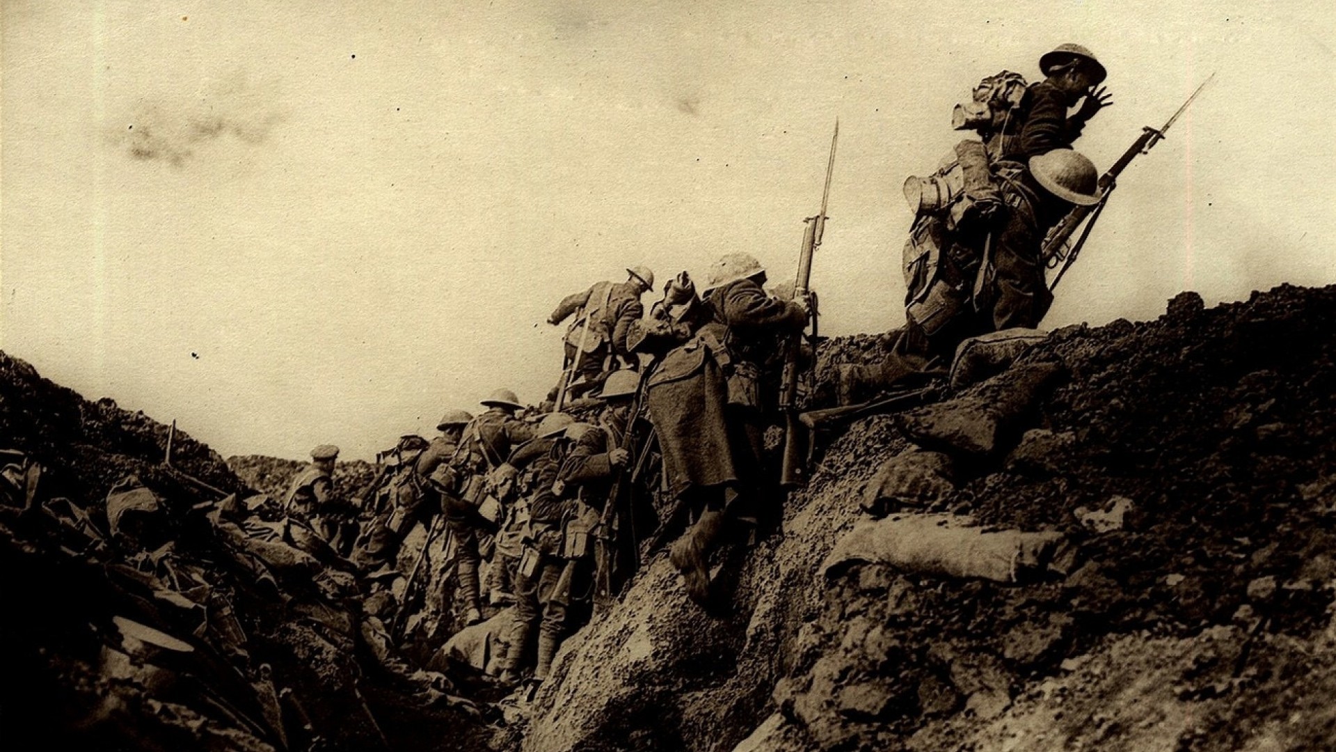 Prima guerra mondiale, Trincea, Soldati, Seppia, Assalto, 1920x1080, sfondo per PC