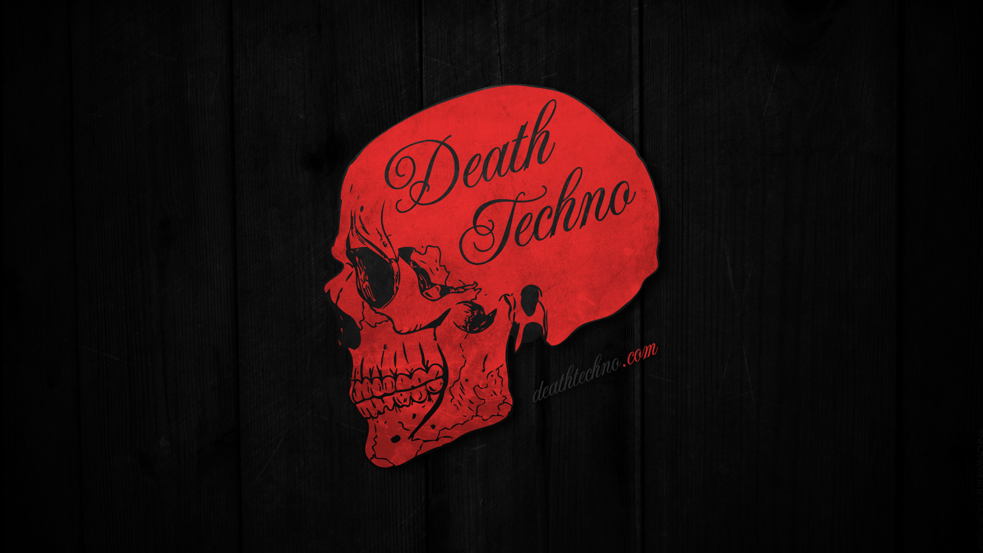 Death Techno, Teschio rosso, Logo, Legno scuro, Full HD, sfondo per portatile