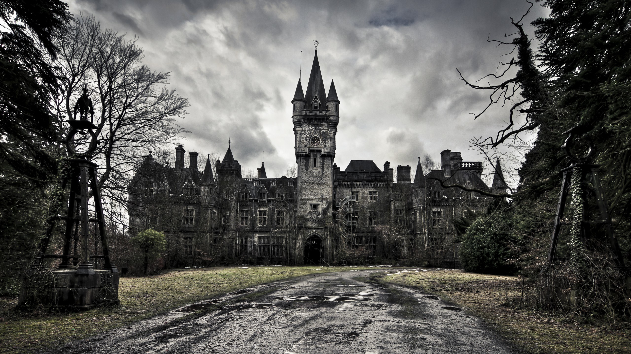 Castello di Miranda, Belgio, Castello abbandonato, Nuvole, 16:9 2K, sfondo widescreen
