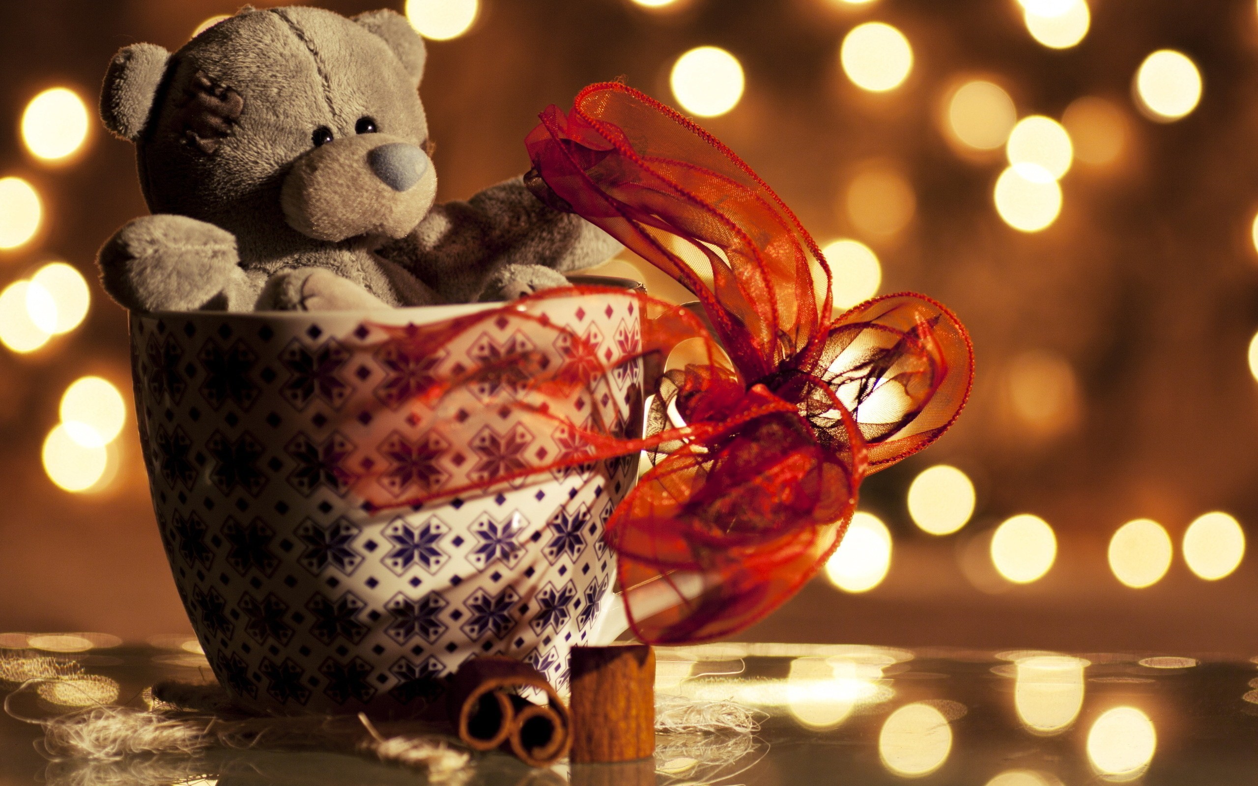 Orsacchiotto, Tazza, Nastro, Bokeh, Natale, 16:10 2K, sfondo widescreen