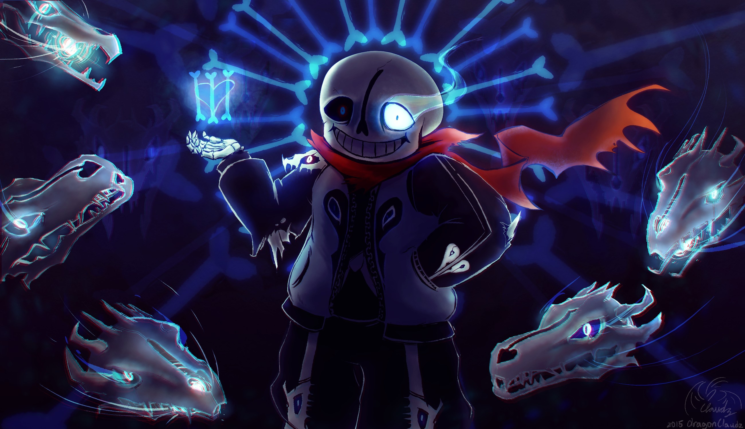 Sans, Undertale, Gaster Blaster, Occhio blu, Fan art, 2K, sfondo per portatile