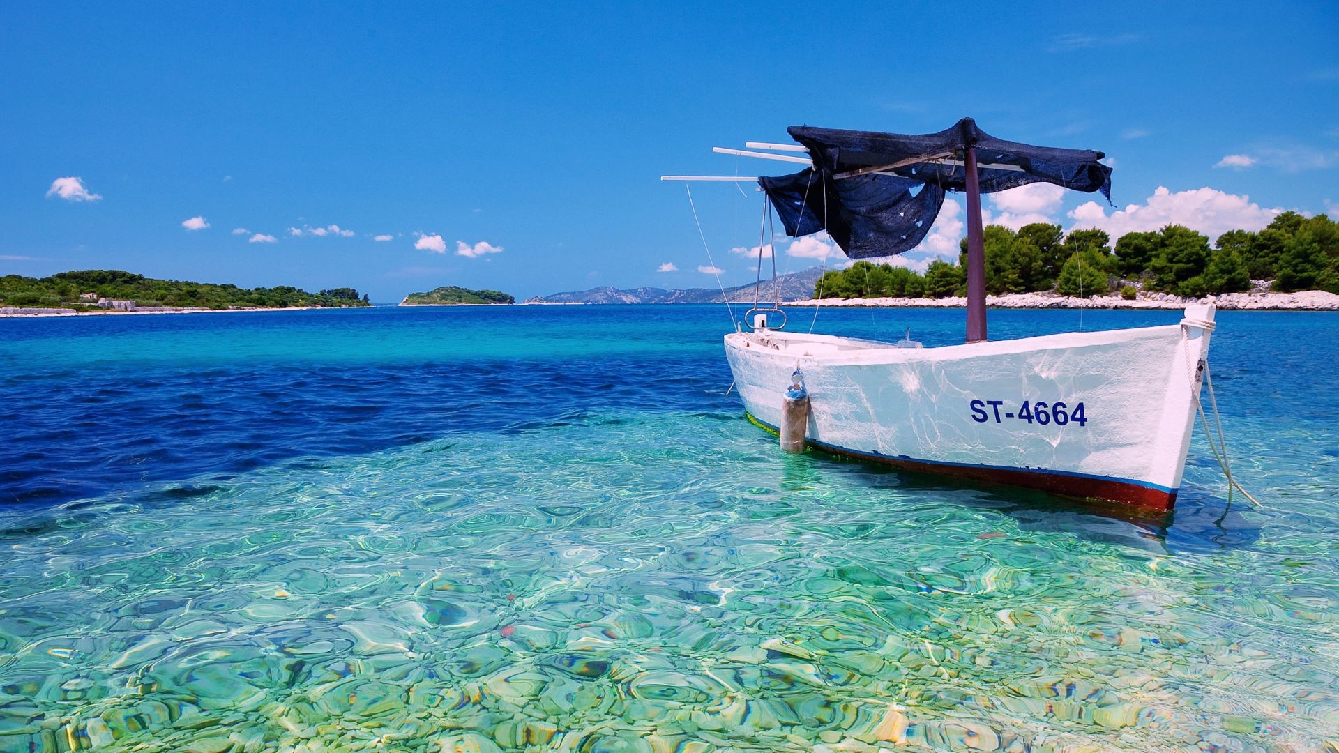 Barca, Mare cristallino, Isola, Acqua turchese, 1920x1080, immagine di sfondo