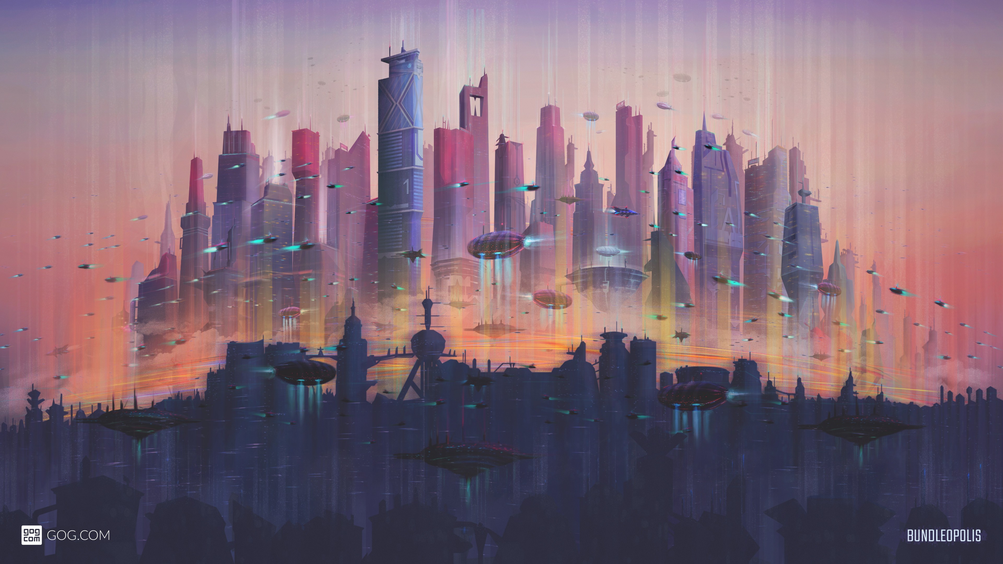 Città futuristica, Grattacieli, Veicoli volanti, Rosa, Arte digitale, sfondo 4K per PC