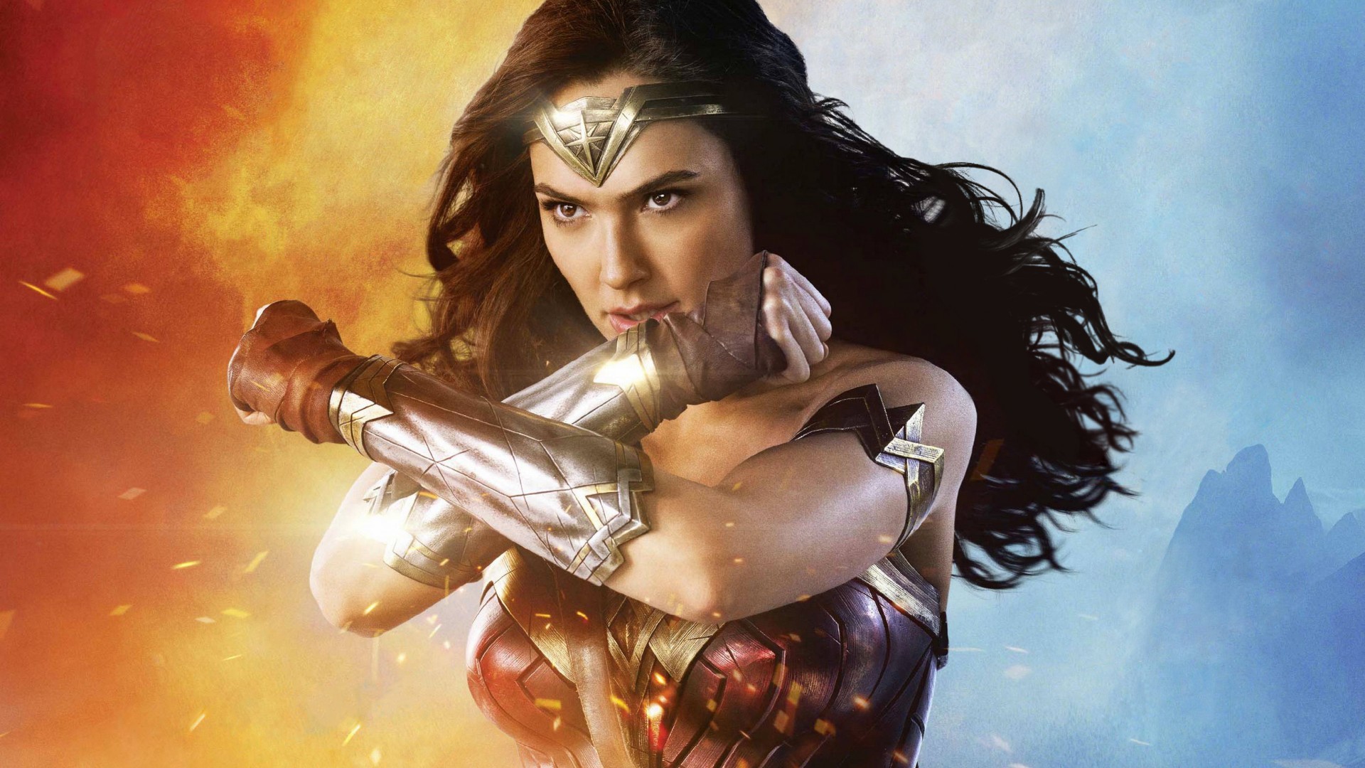 Wonder Woman, Gal Gadot, Bracciali incrociati, Fuoco, Full HD, sfondo desktop