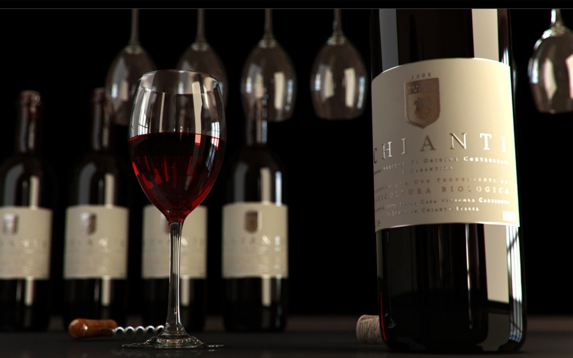 Chianti, Bottiglie di vino, Calice di vino rosso, Bicchieri, Sfondo scuro, wallpaper desktop Full HD