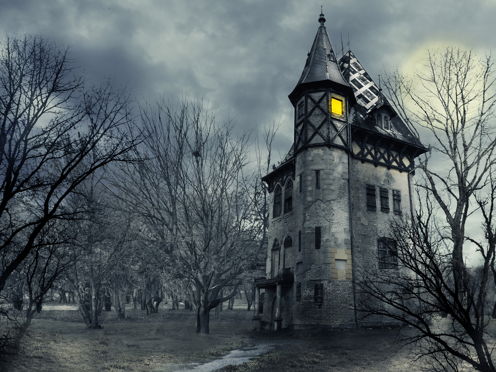 Casa abbandonata, Torre, Alberi spogli, Inverno, Full HD, wallpaper per tablet