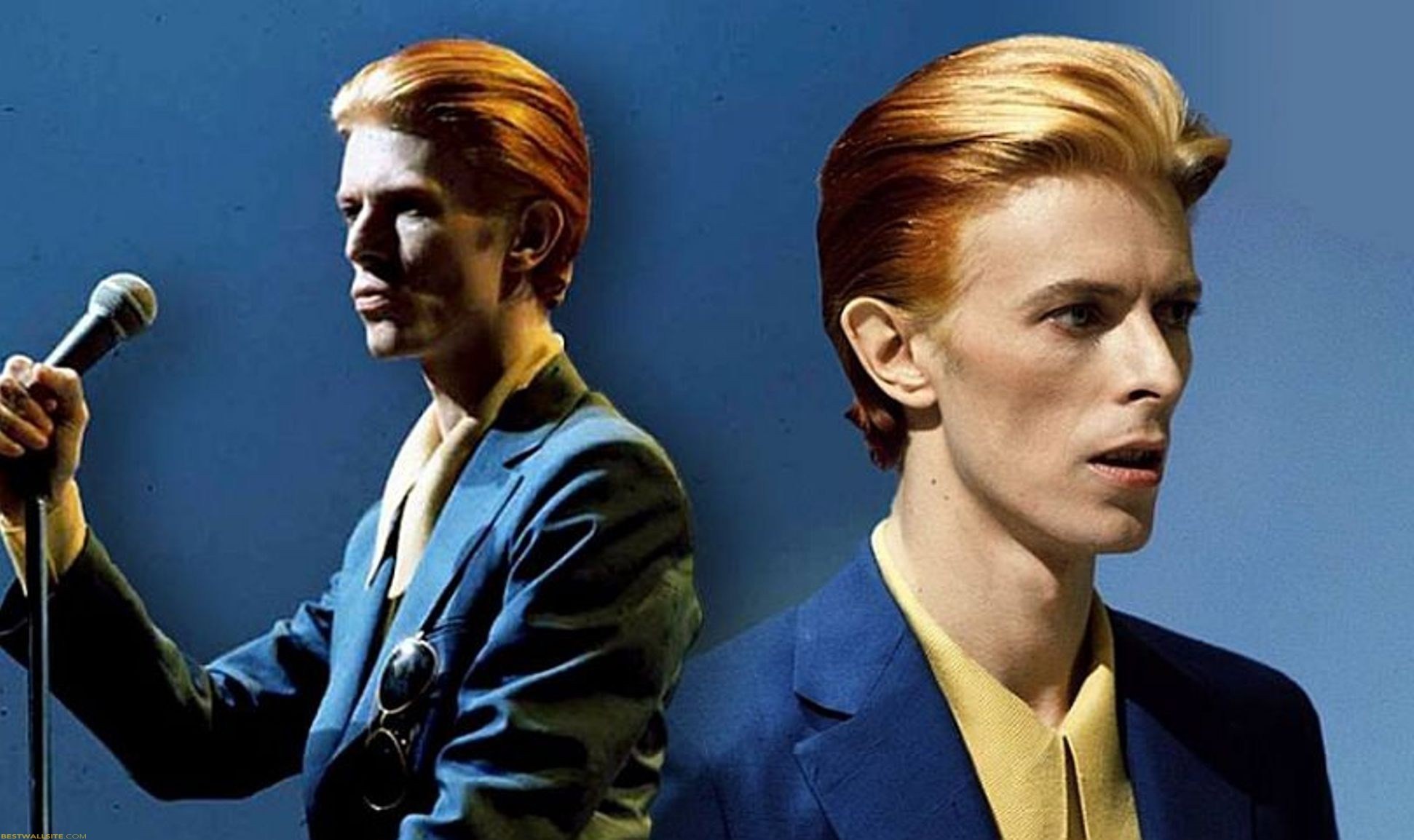 David Bowie, Thin White Duke, Microfono, Anni '70, Sfondo blu, Full HD, wallpaper per PC