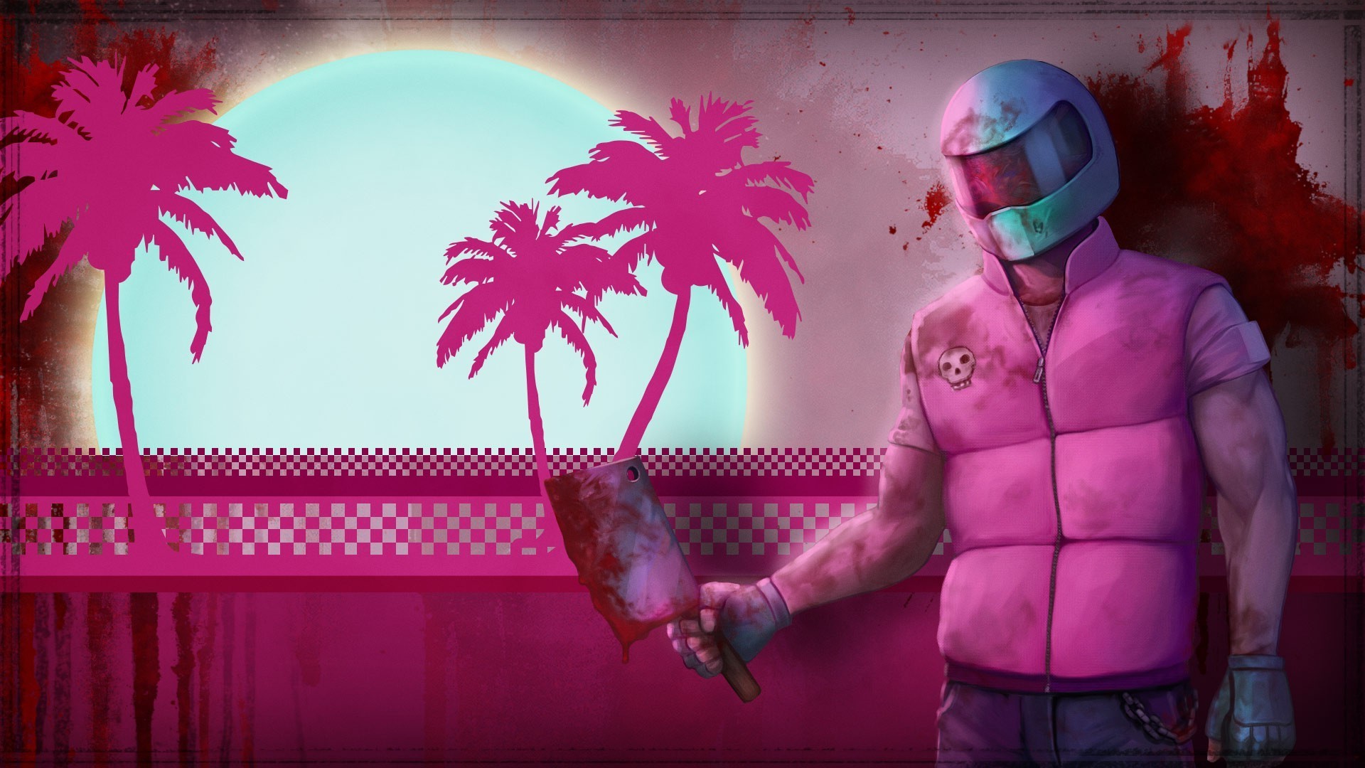 Biker, Hotline Miami, Mannaia, Palme, Retrowave, Full HD, sfondo per PC
